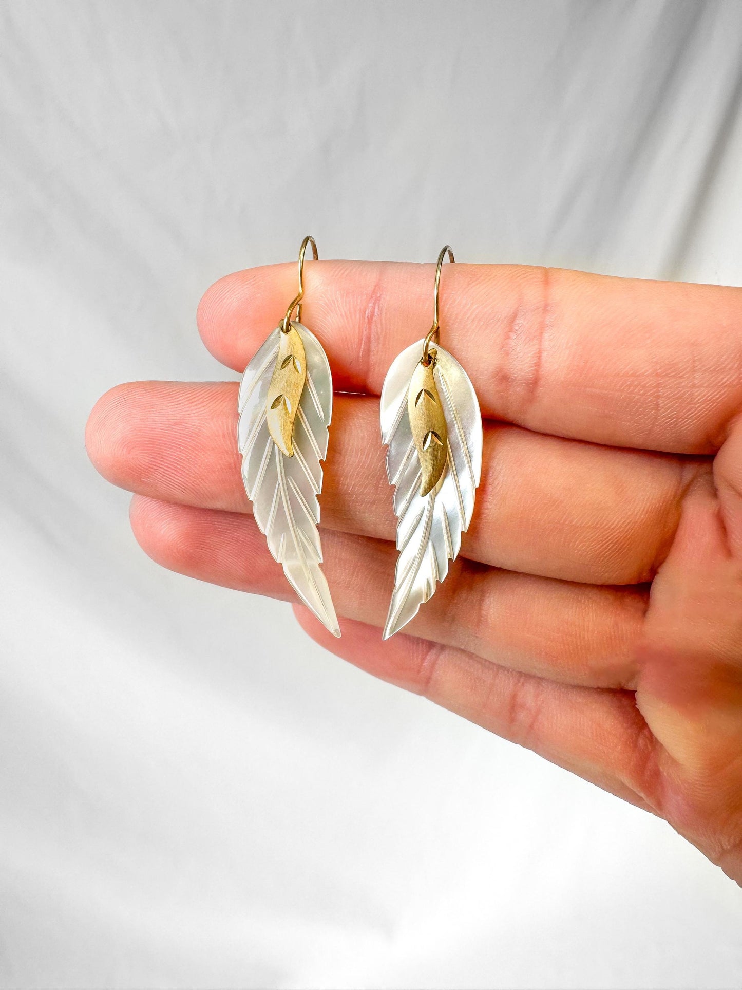 14K Mother of Pearl Angel Wings Feather Diamont Cut Dangle Earrings