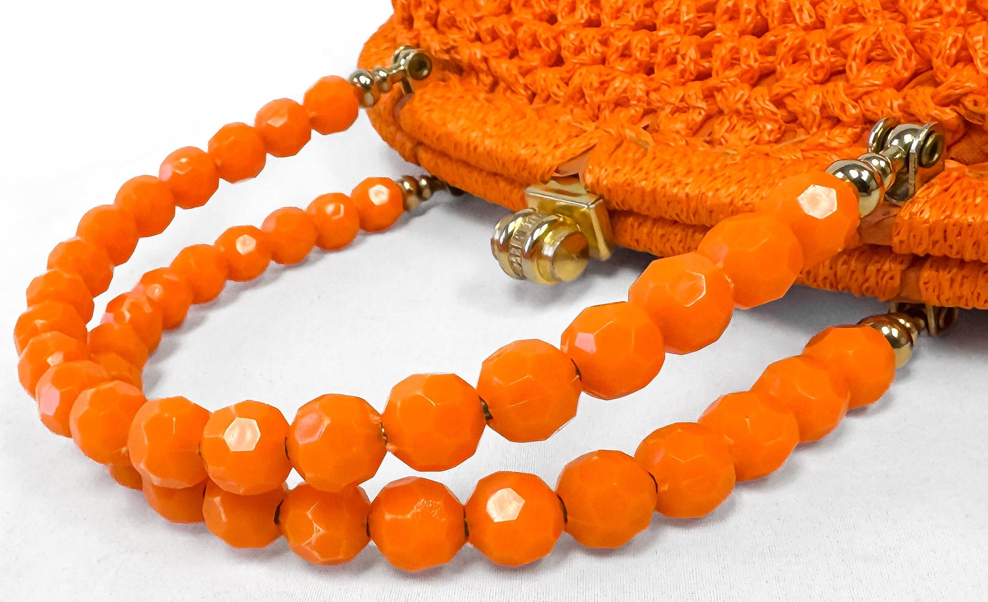 Vintage Bright Orange Crochet Beaded Handle Top Handle Bag, Vintage Boho Whimsy Coquette Handbag