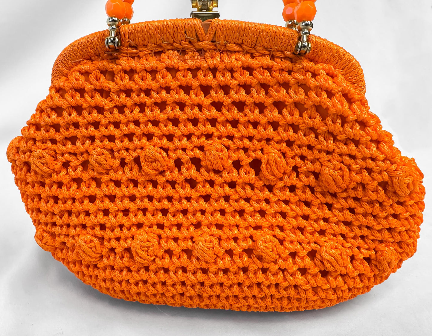Vintage Bright Orange Crochet Beaded Handle Top Handle Bag, Vintage Boho Whimsy Coquette Handbag