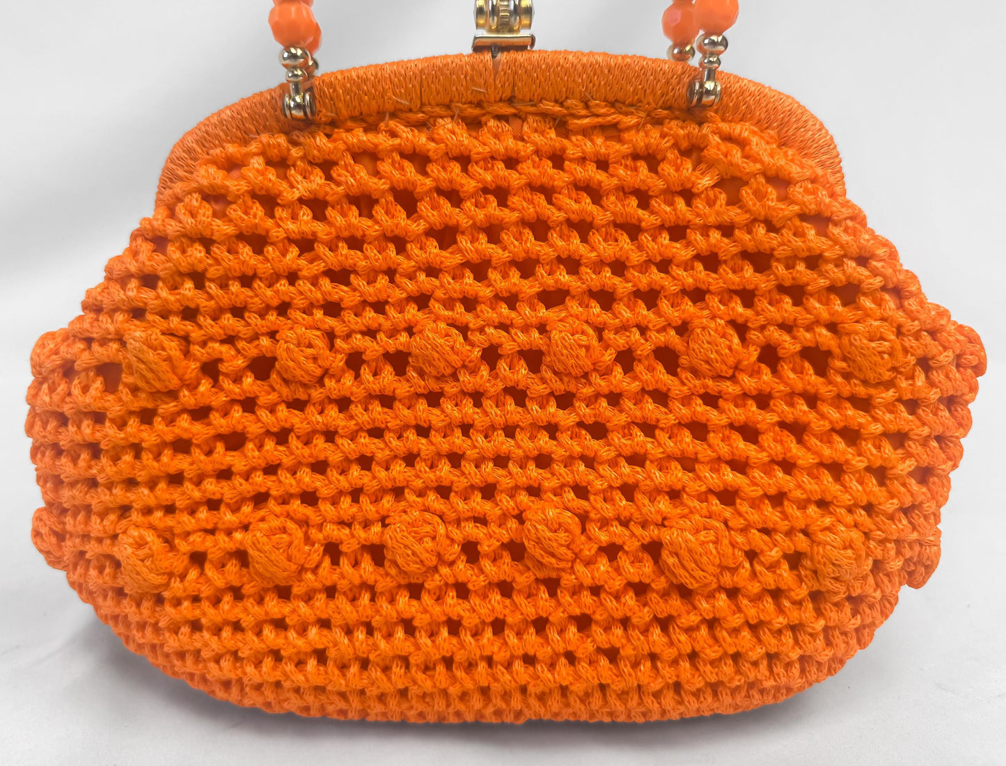 Vintage Bright Orange Crochet Beaded Handle Top Handle Bag, Vintage Boho Whimsy Coquette Handbag