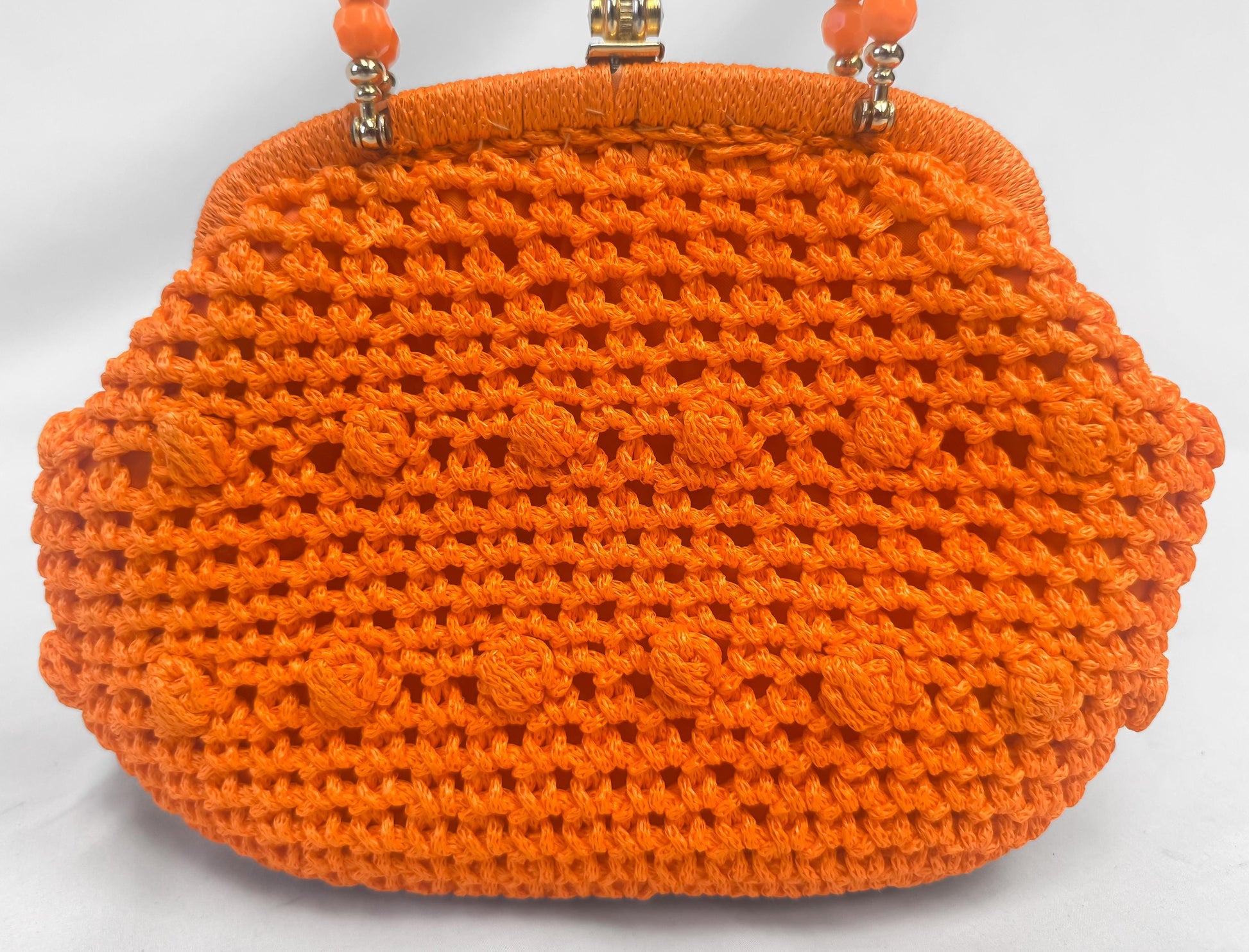 Vintage Bright Orange Crochet Beaded Handle Top Handle Bag, Vintage Boho Whimsy Coquette Handbag