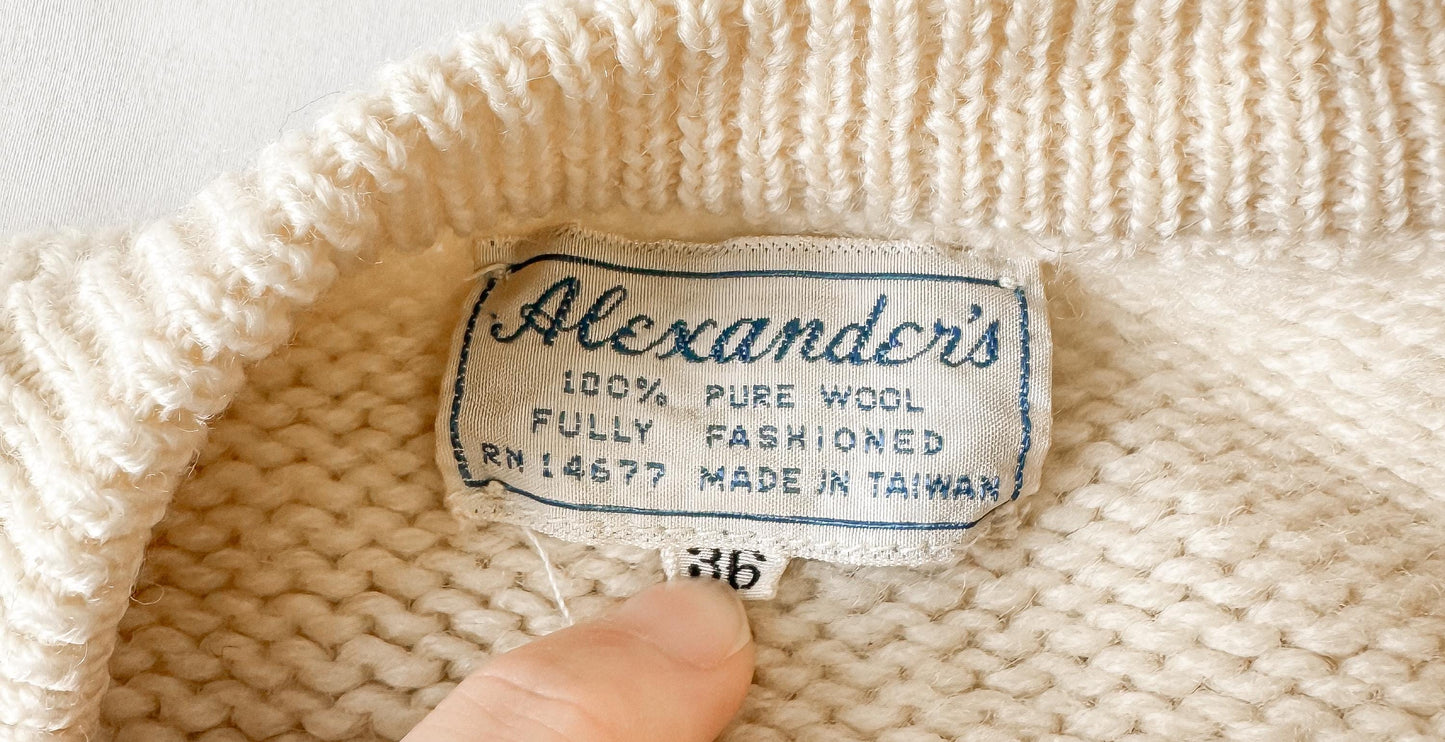 Vintage Cream Yellow Floral Wool Knit Button Up Wool Cardigan Sweater, Approx. Women's Sz. XS, Coquette Cottage Core Style Sweater