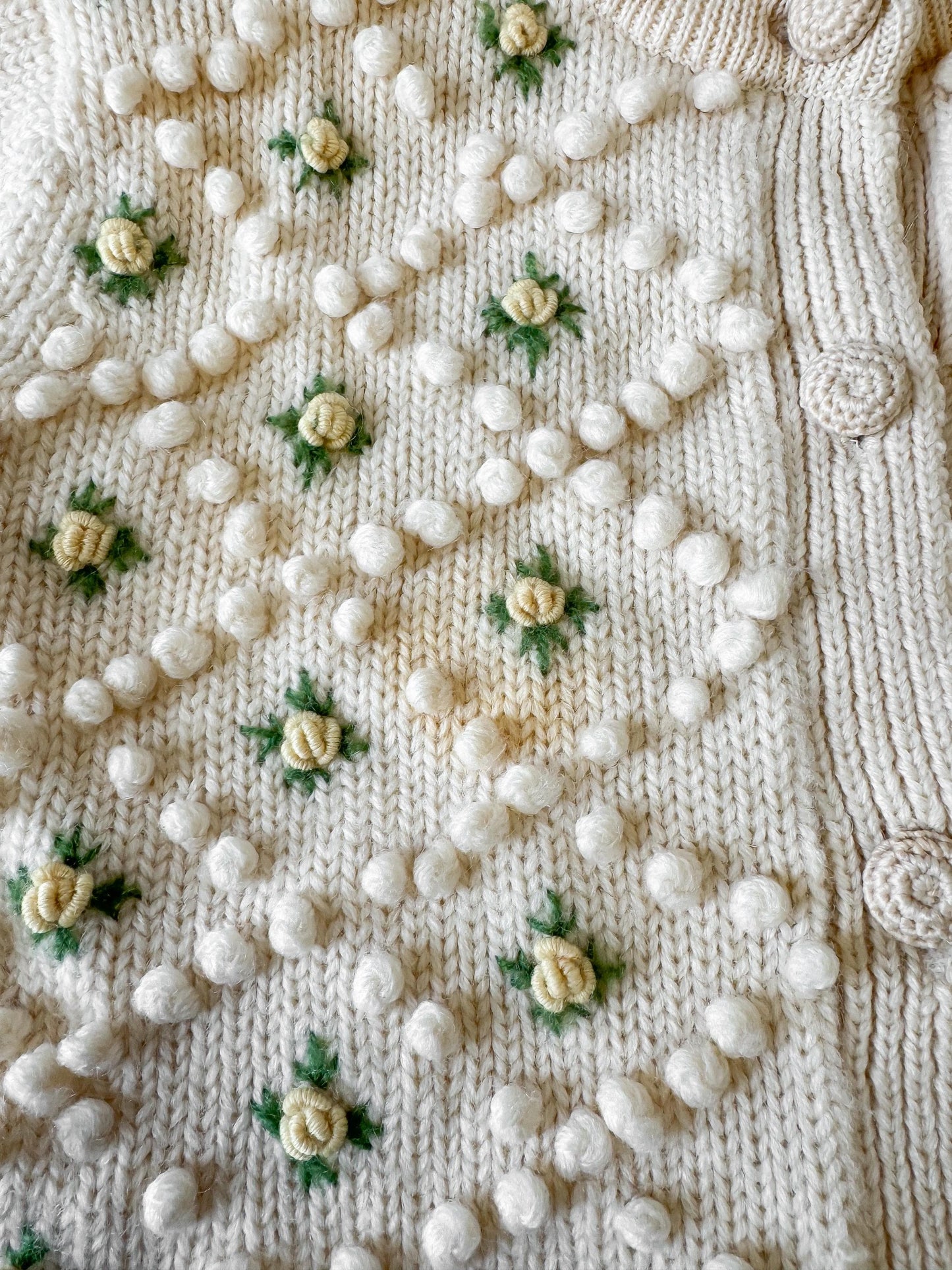 Vintage Cream Yellow Floral Wool Knit Button Up Wool Cardigan Sweater, Approx. Women's Sz. XS, Coquette Cottage Core Style Sweater