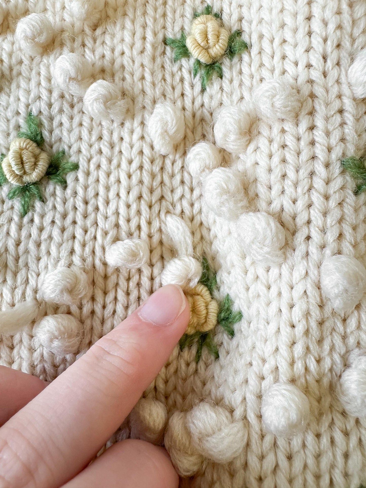 Vintage Cream Yellow Floral Wool Knit Button Up Wool Cardigan Sweater, Approx. Women's Sz. XS, Coquette Cottage Core Style Sweater