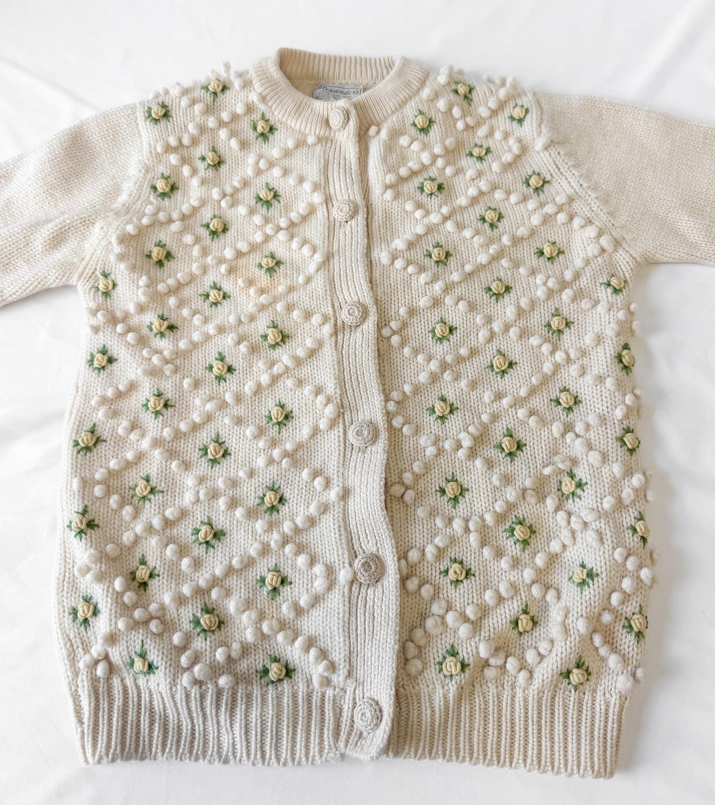 Vintage Cream Yellow Floral Wool Knit Button Up Wool Cardigan Sweater, Approx. Women's Sz. XS, Coquette Cottage Core Style Sweater