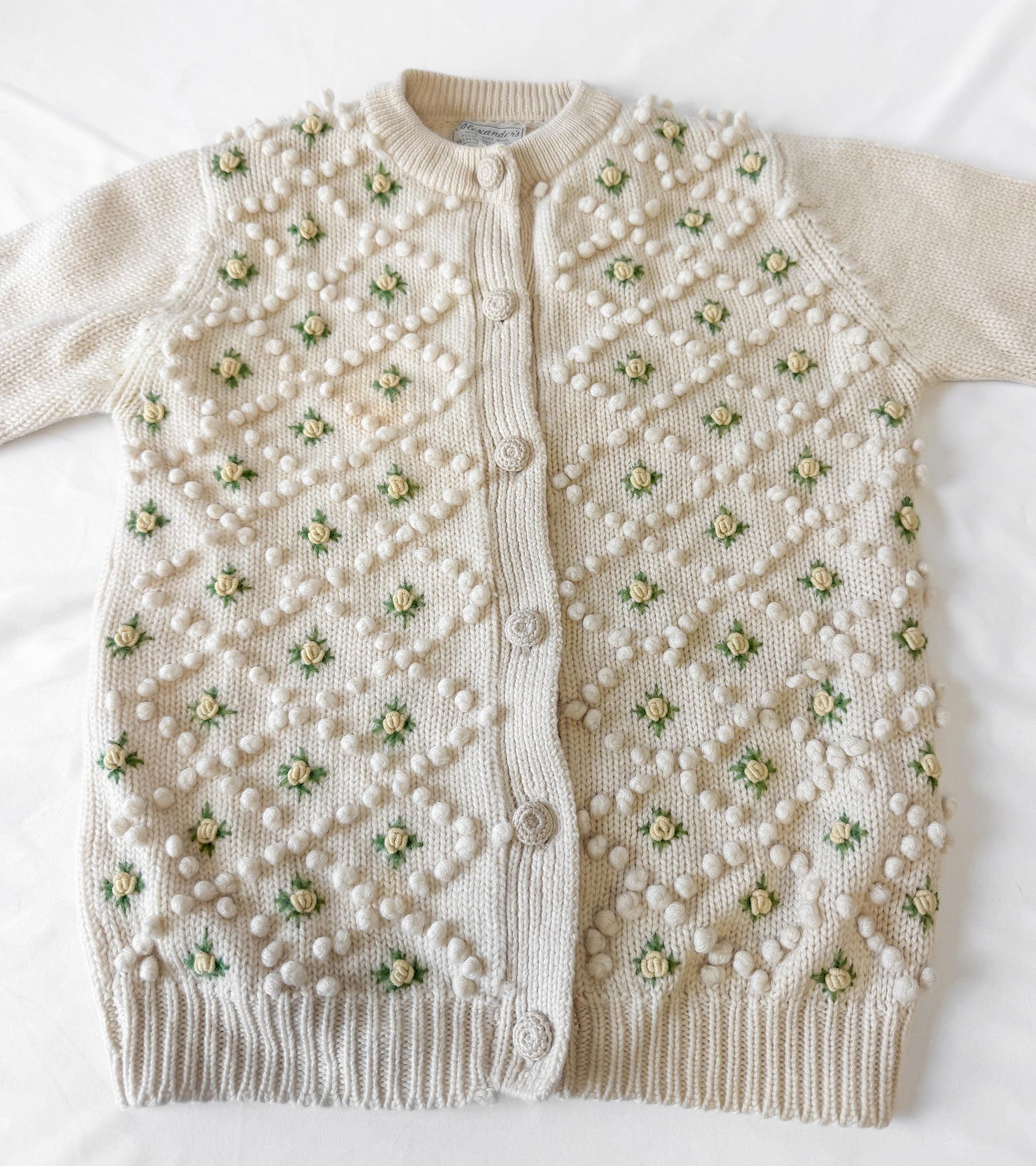 Vintage Cream Yellow Floral Wool Knit Button Up Wool Cardigan Sweater, Approx. Women's Sz. XS, Coquette Cottage Core Style Sweater
