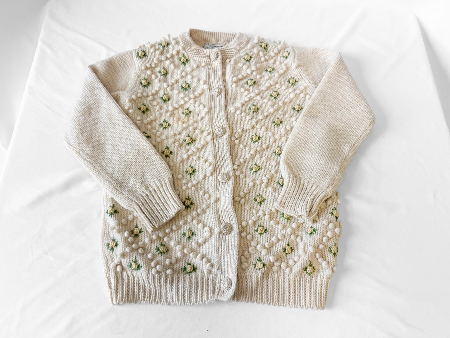 Vintage Cream Yellow Floral Wool Knit Button Up Wool Cardigan Sweater, Approx. Women's Sz. XS, Coquette Cottage Core Style Sweater