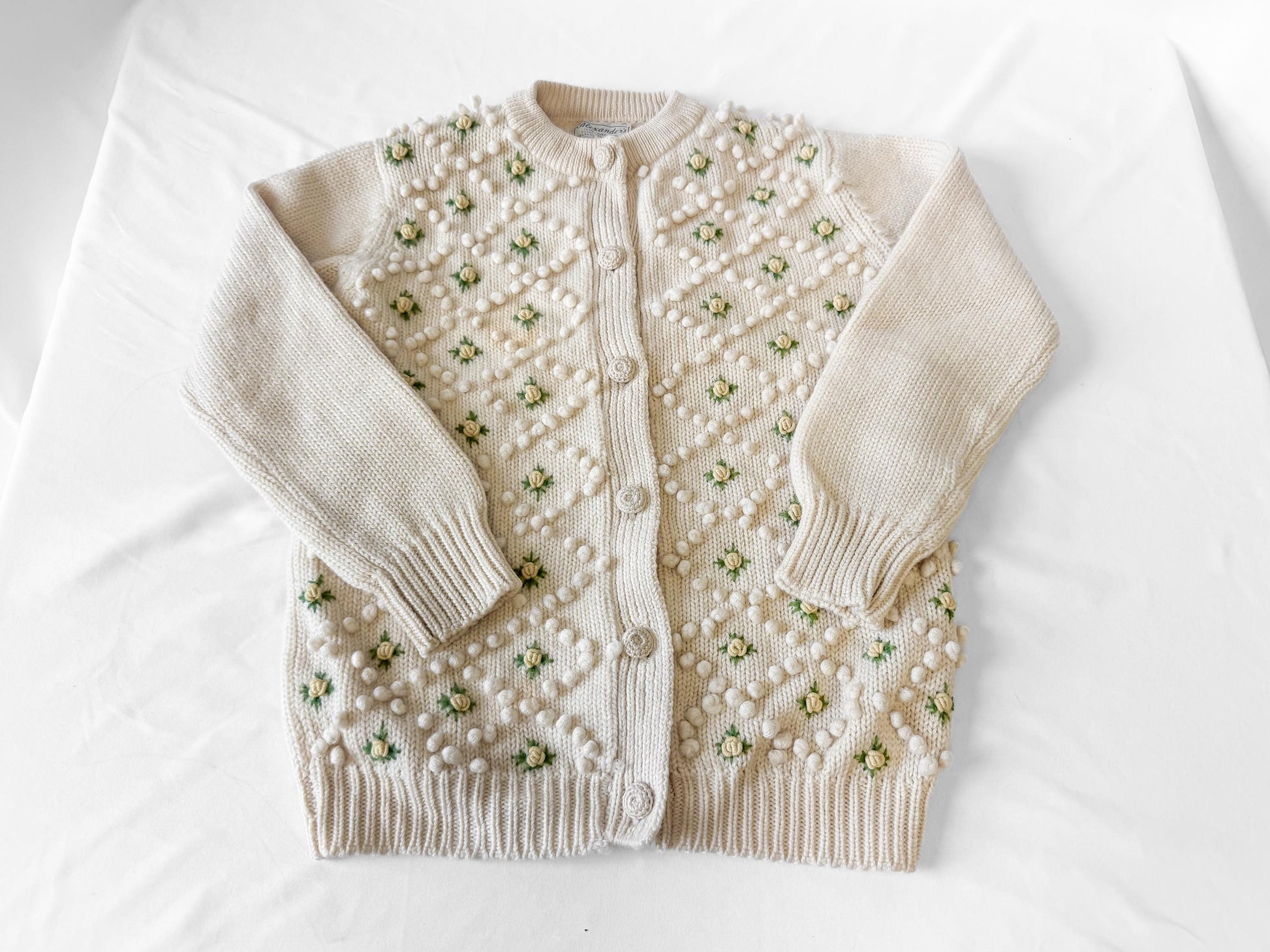 Vintage Cream Yellow Floral Wool Knit Button Up Wool Cardigan Sweater, Approx. Women's Sz. XS, Coquette Cottage Core Style Sweater