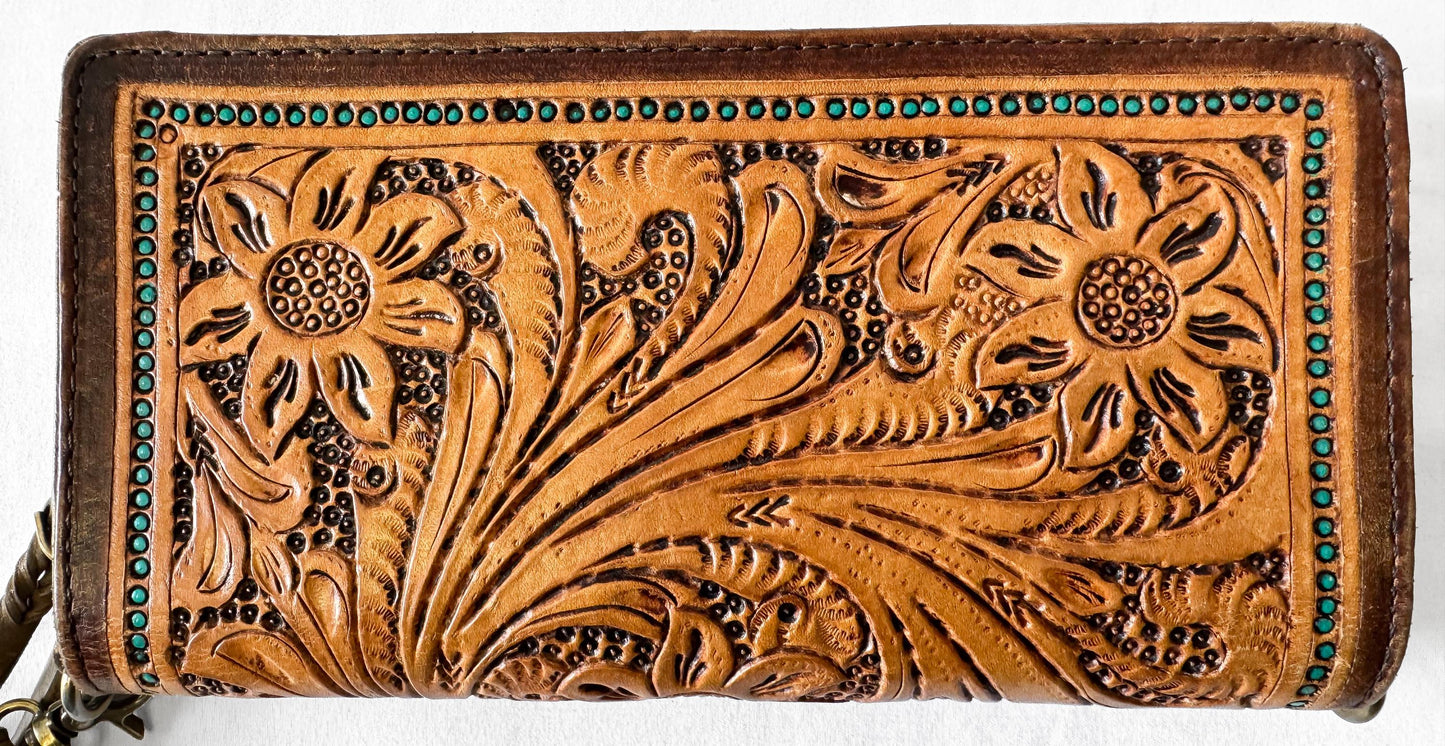 Vintage Style American Darling Floral Tooled Leather Wristlet Wallet, Western Boho Style Accessories