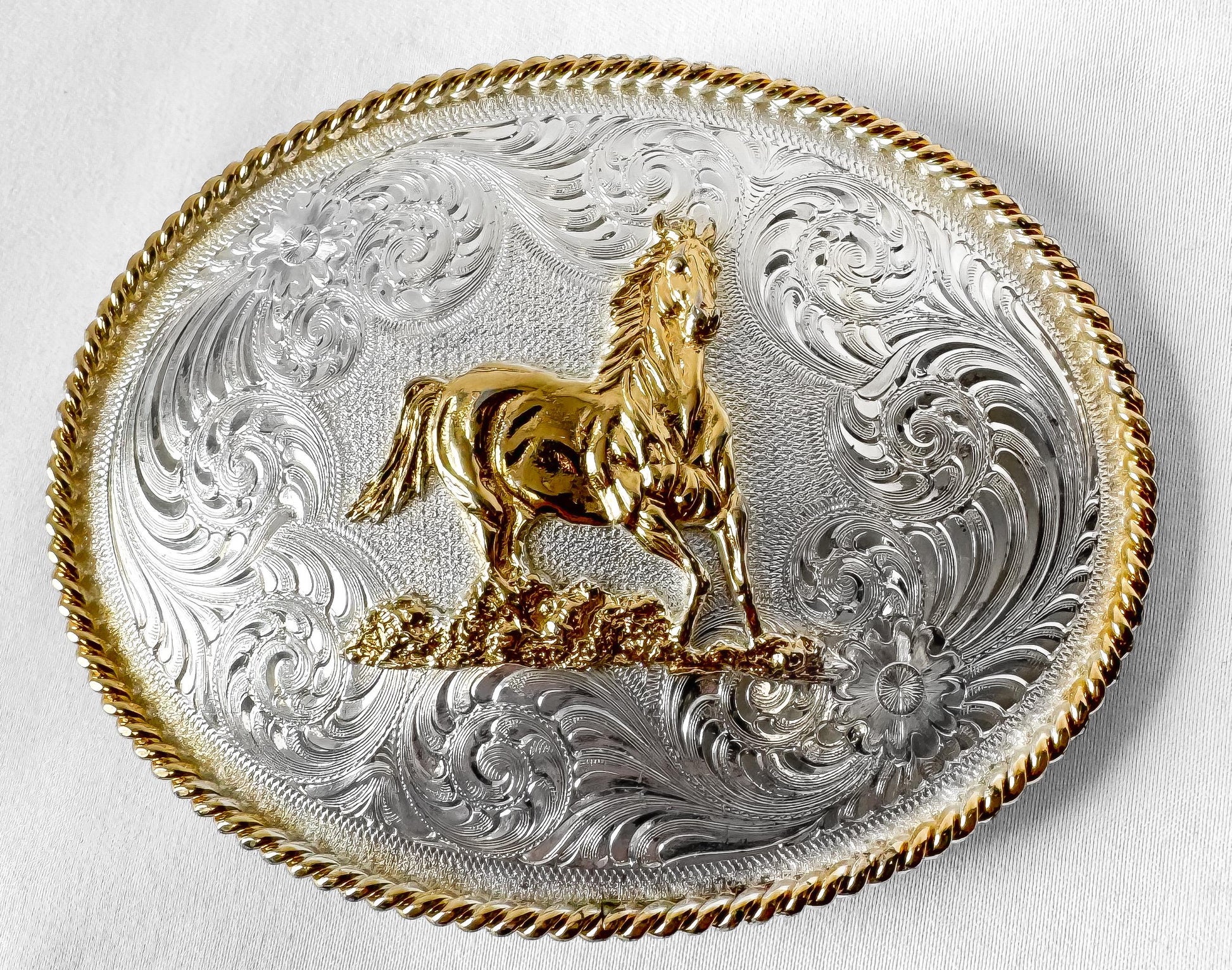 Vintage Montana Silversmiths Gold Silver Toned Horse Floral Belt Buckle, Unique Statement Western Belt Buckle