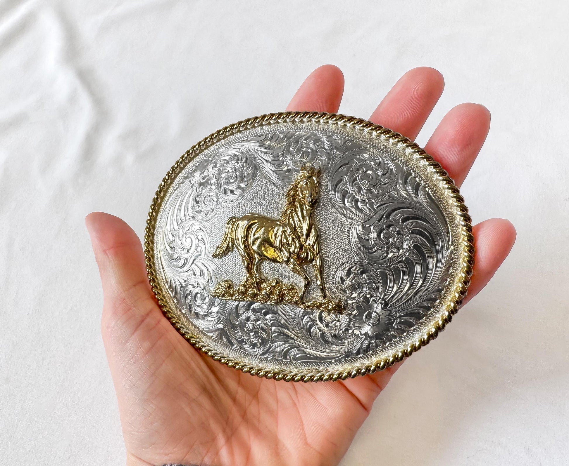 Vintage Montana Silversmiths Gold Silver Toned Horse Floral Belt Buckle, Unique Statement Western Belt Buckle