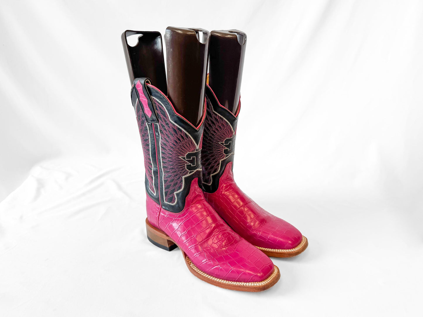 Deadstock Cinch Edge Hot Pink Fuchsia Black Leather Cowboy Boots, Women's Sz. 7B, Vintage Unique Statement Western Festival Cowgirl Boot