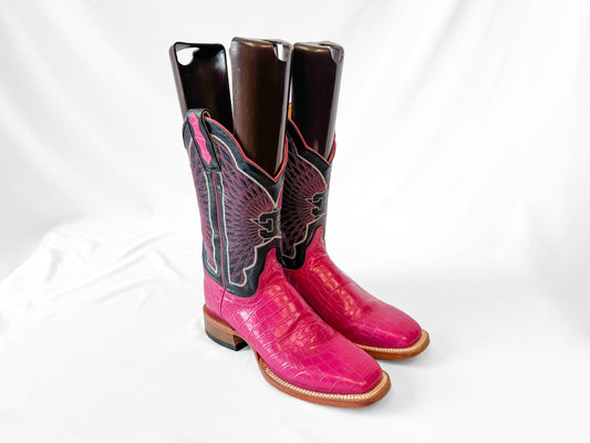 Deadstock Cinch Edge Hot Pink Fuchsia Black Leather Cowboy Boots, Women's Sz. 7B, Vintage Unique Statement Western Festival Cowgirl Boot