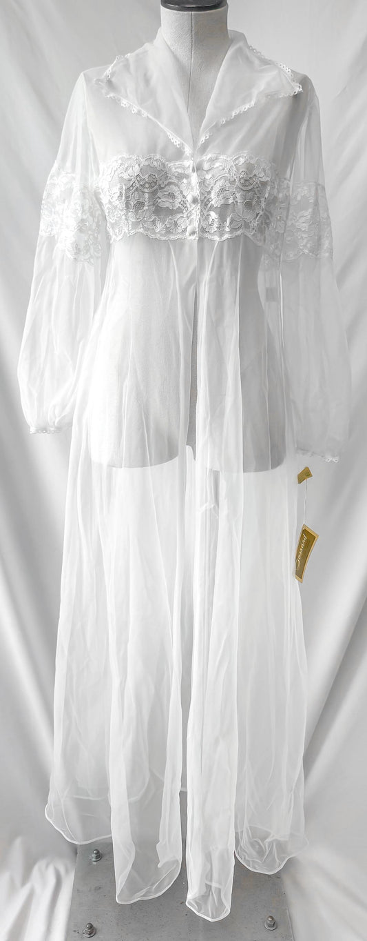 Deadstock Vintage Gossard Artemis White Lace Detail Nylon Peignoir Lingerie Robe Nightgown, Size M, Vintage Bridal Bachelorette Lingerie