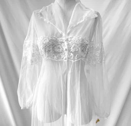 Deadstock Vintage Gossard Artemis White Lace Detail Nylon Peignoir Lingerie Robe Nightgown, Size M, Vintage Bridal Bachelorette Lingerie