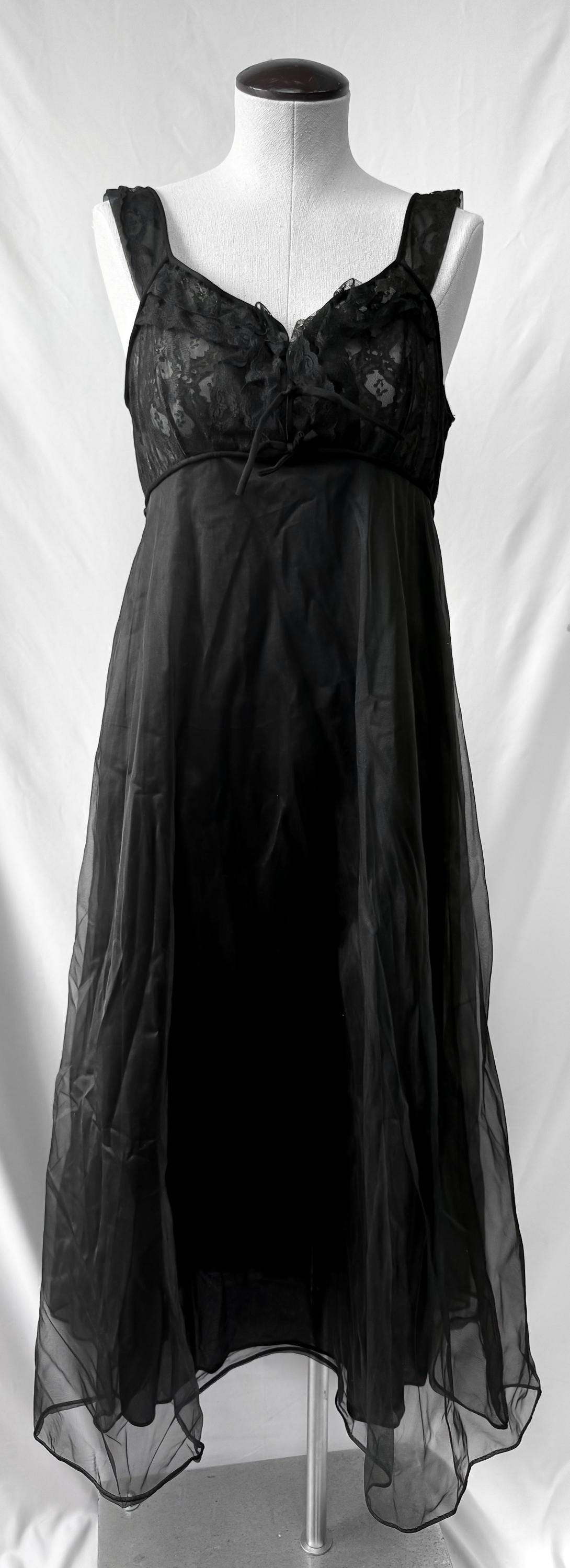 Vintage Black Floral Ruffle Lace Bodice Nylon Flowy Peignoir Slip Dress, Sz. M