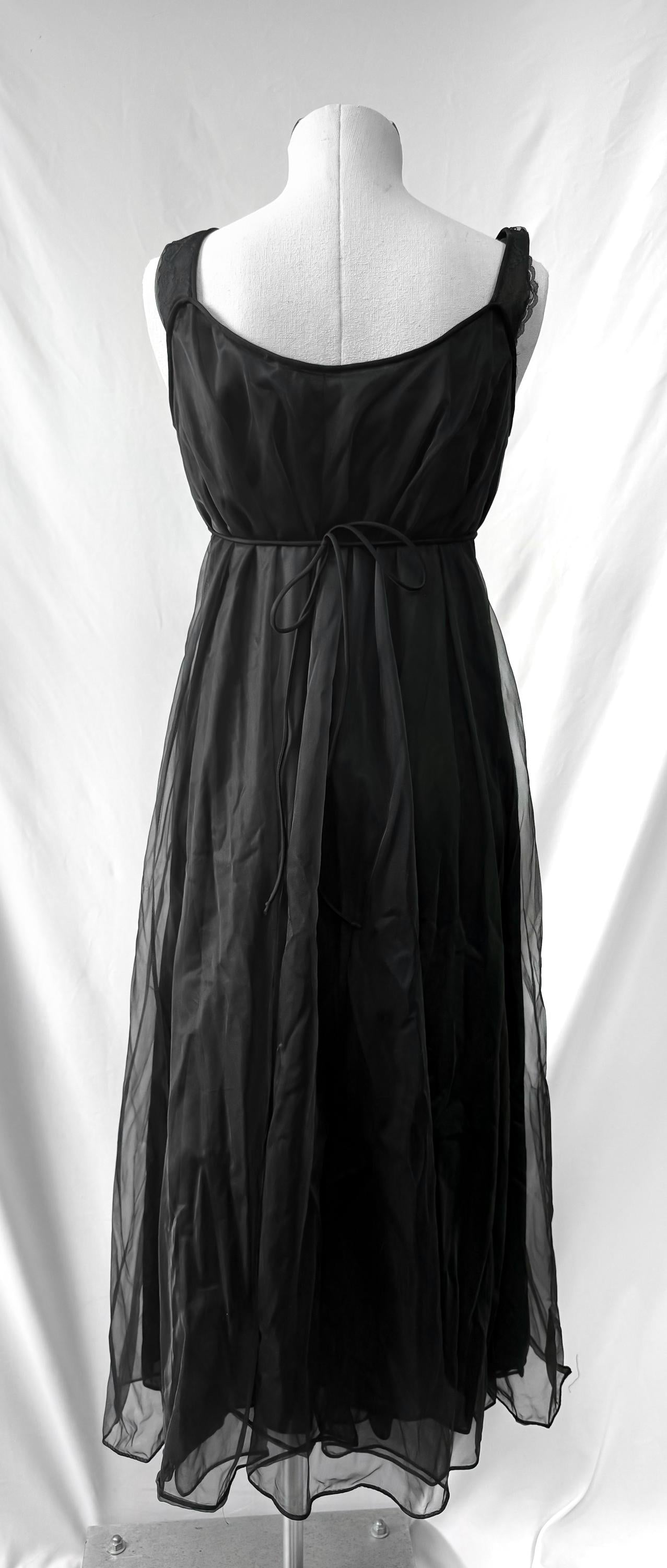 Vintage Black Floral Ruffle Lace Bodice Nylon Flowy Peignoir Slip Dress, Sz. M