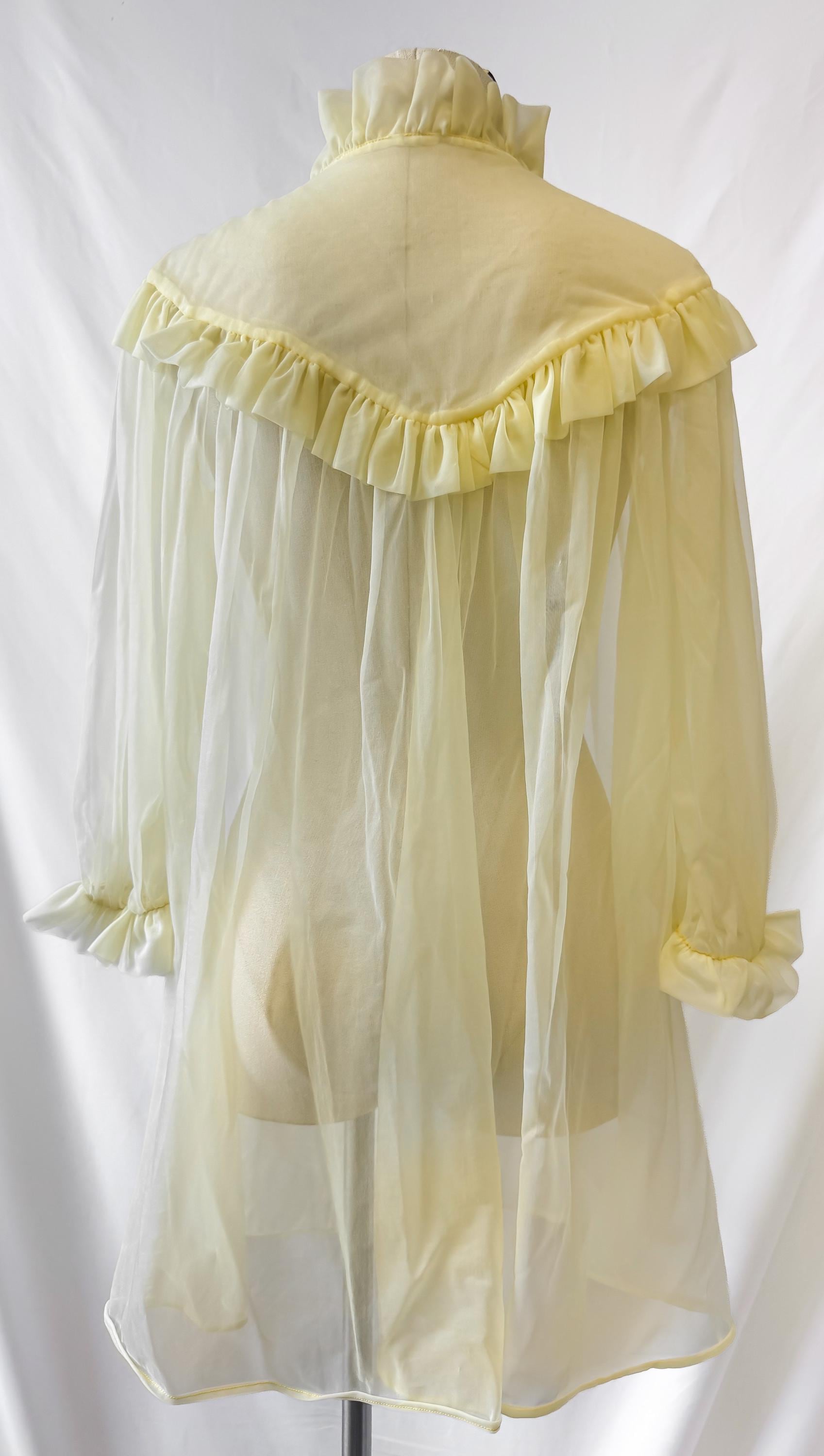 Vintage 60s Light Butter Yellow Ruffled High Neck Bow Detail Peignoir Robe Nightgown, Approx. Sz. S