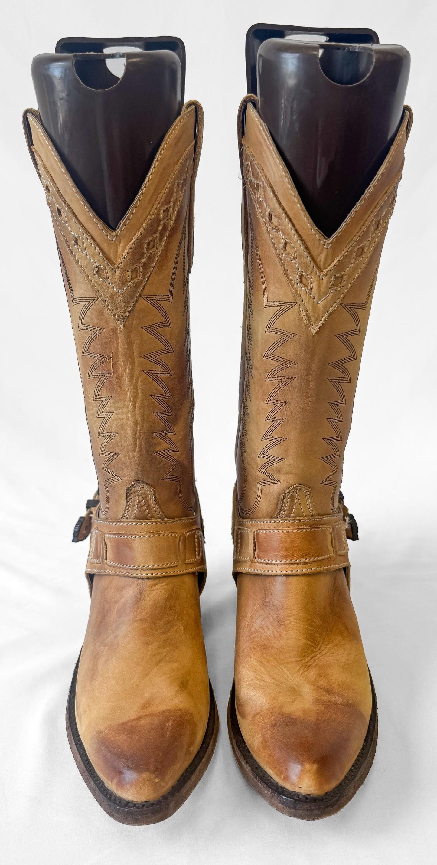 Vintage Old Gringo Tan Camel Buckle Leather Embroidered Cowboy Boots, Women's Sz. 7.5B, Vintage Western Festival Cowgirl Boots