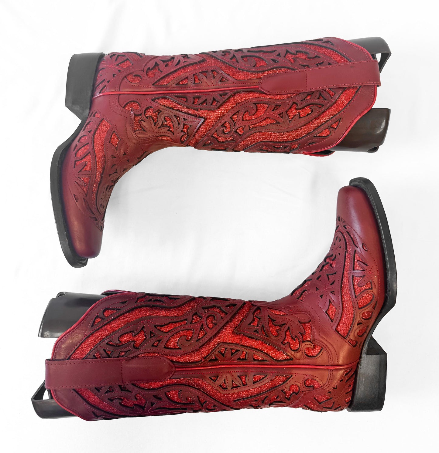 Vintage Style J.B. Dillon Reserve Red Leather Glitter Inlay Cowboy Boots, Women's Sz. 6.5B, Unique Statement Western Festival Cowgirl Boots