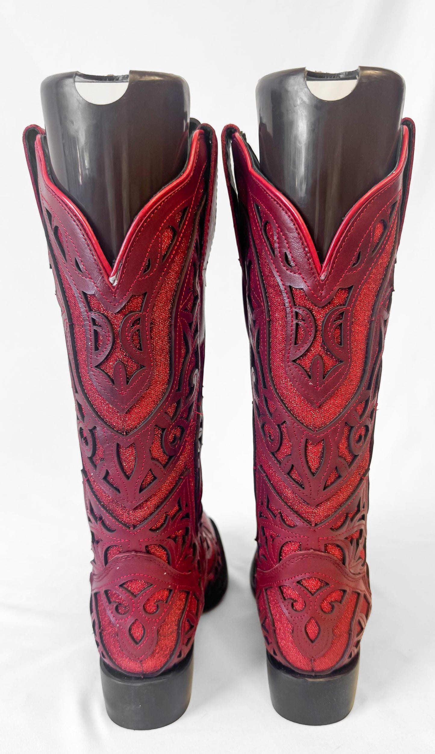 Vintage Style J.B. Dillon Reserve Red Leather Glitter Inlay Cowboy Boots, Women's Sz. 6.5B, Unique Statement Western Festival Cowgirl Boots