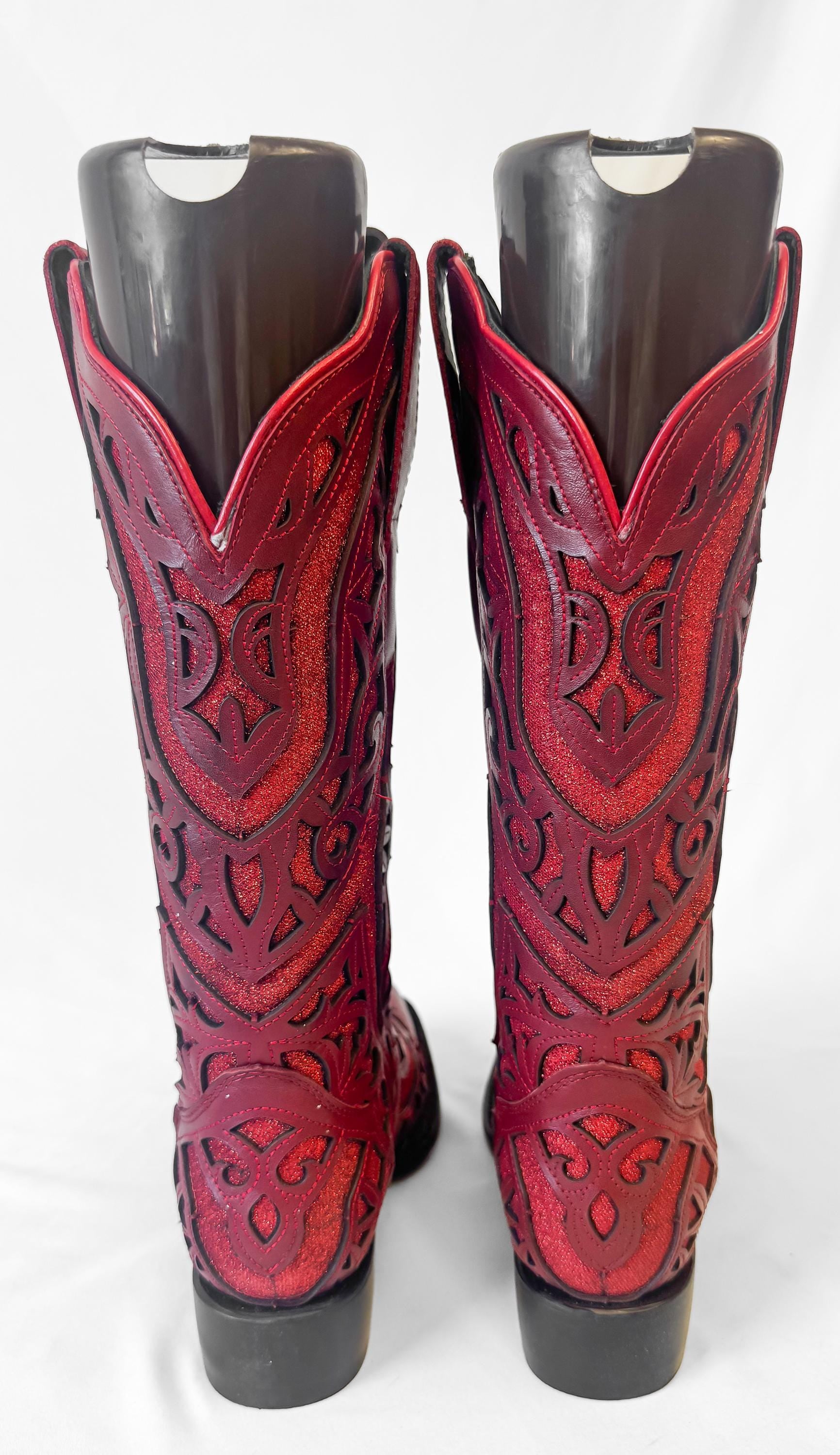 Vintage Style J.B. Dillon Reserve Red Leather Glitter Inlay Cowboy Boots, Women's Sz. 6.5B, Unique Statement Western Festival Cowgirl Boots