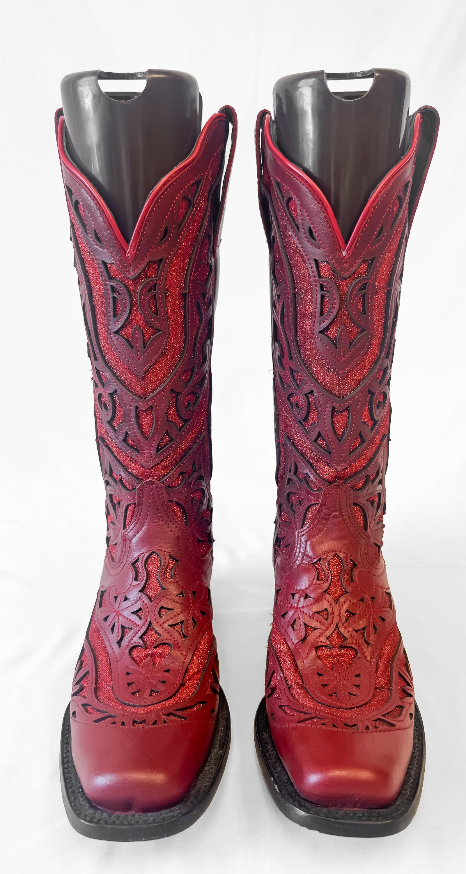 Vintage Style J.B. Dillon Reserve Red Leather Glitter Inlay Cowboy Boots, Women's Sz. 6.5B, Unique Statement Western Festival Cowgirl Boots