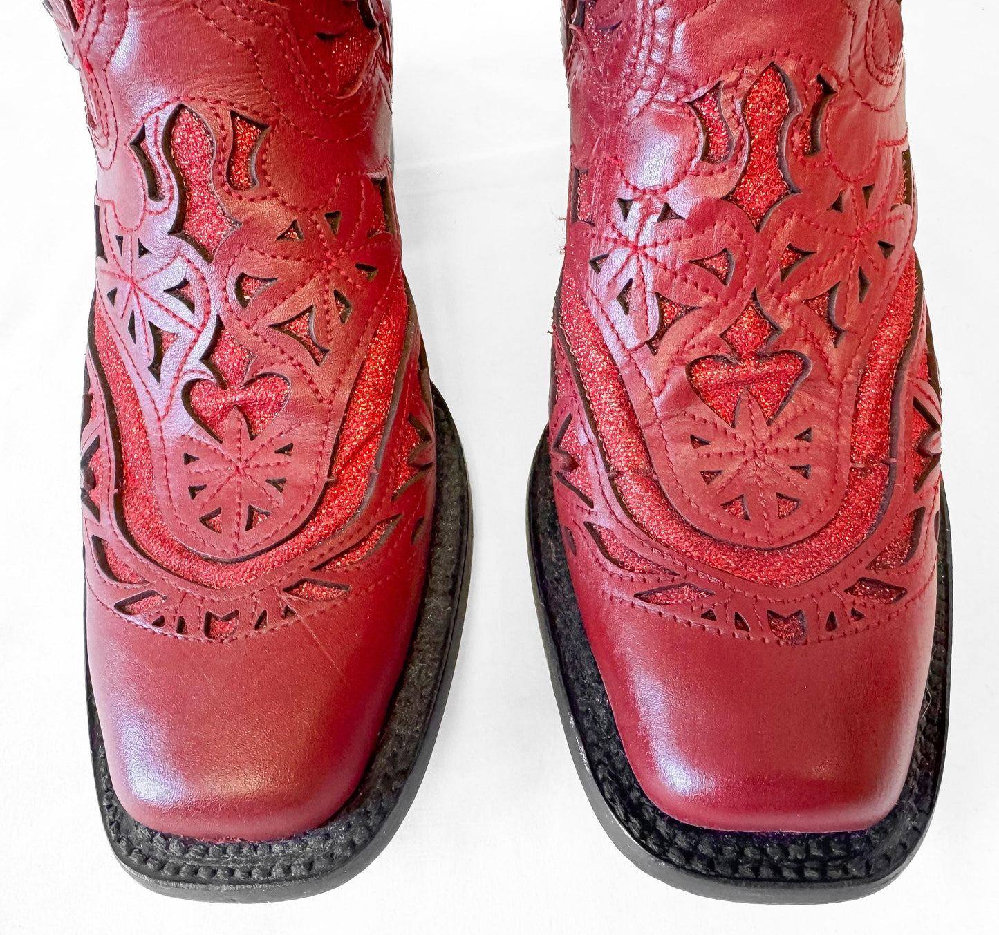 Vintage Style J.B. Dillon Reserve Red Leather Glitter Inlay Cowboy Boots, Women's Sz. 6.5B, Unique Statement Western Festival Cowgirl Boots