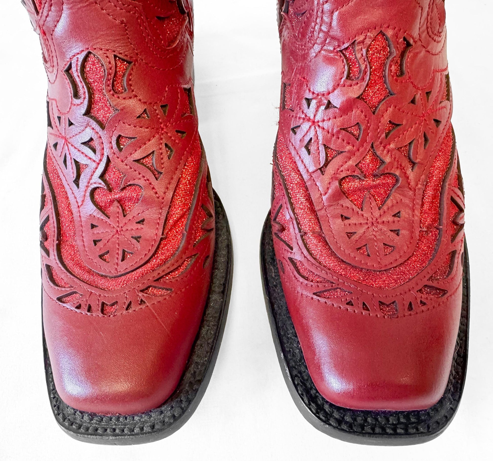 Vintage Style J.B. Dillon Reserve Red Leather Glitter Inlay Cowboy Boots, Women's Sz. 6.5B, Unique Statement Western Festival Cowgirl Boots