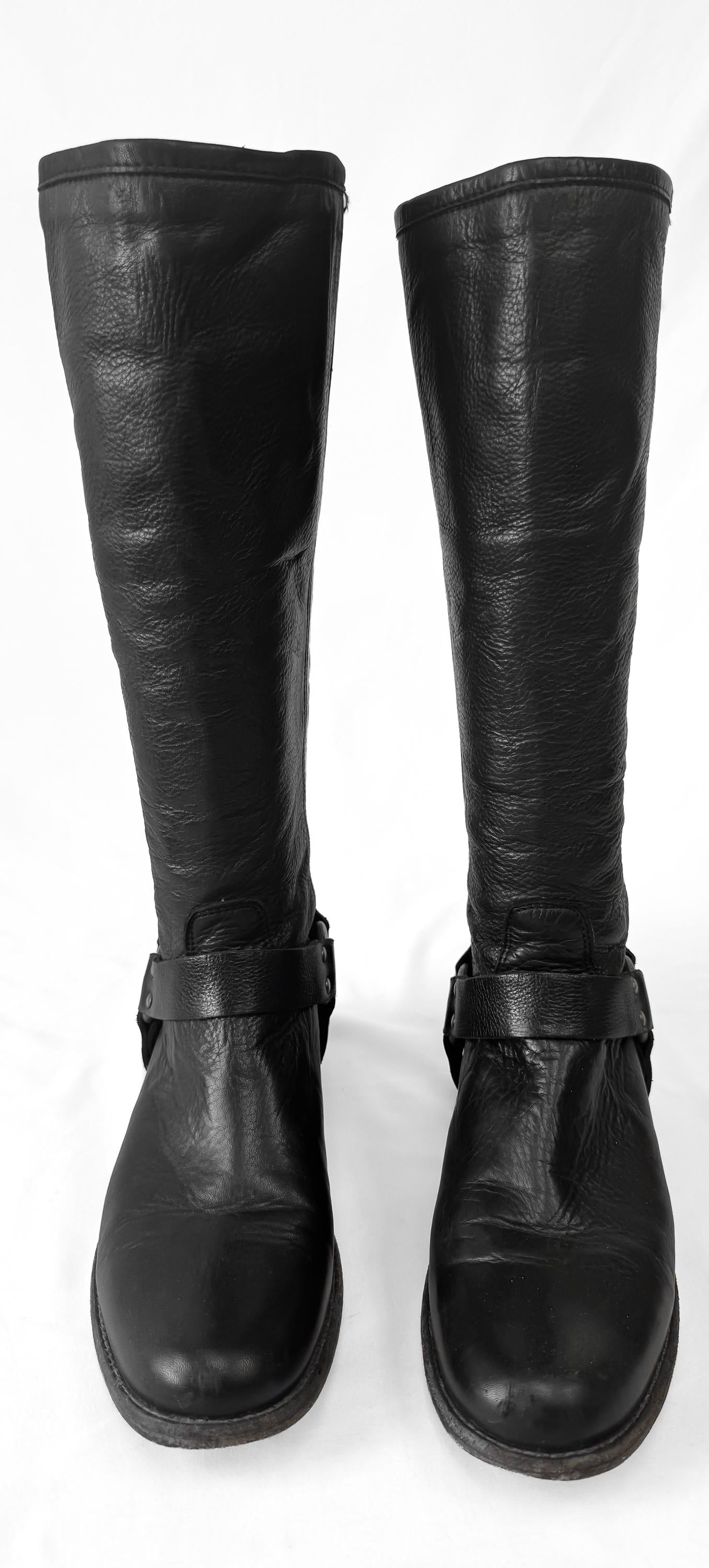 Vintage Frye Black Leather Harness Knee High Boots, Women's Sz. 9B