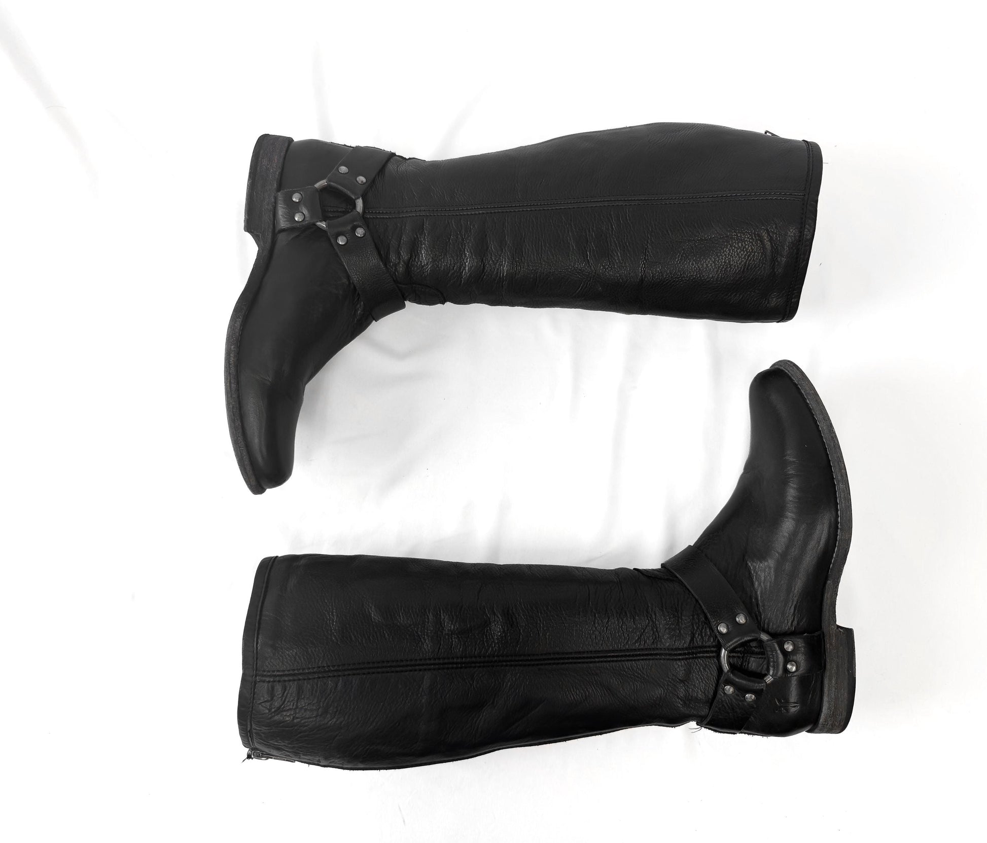 Vintage Frye Black Leather Harness Knee High Boots, Women's Sz. 9B