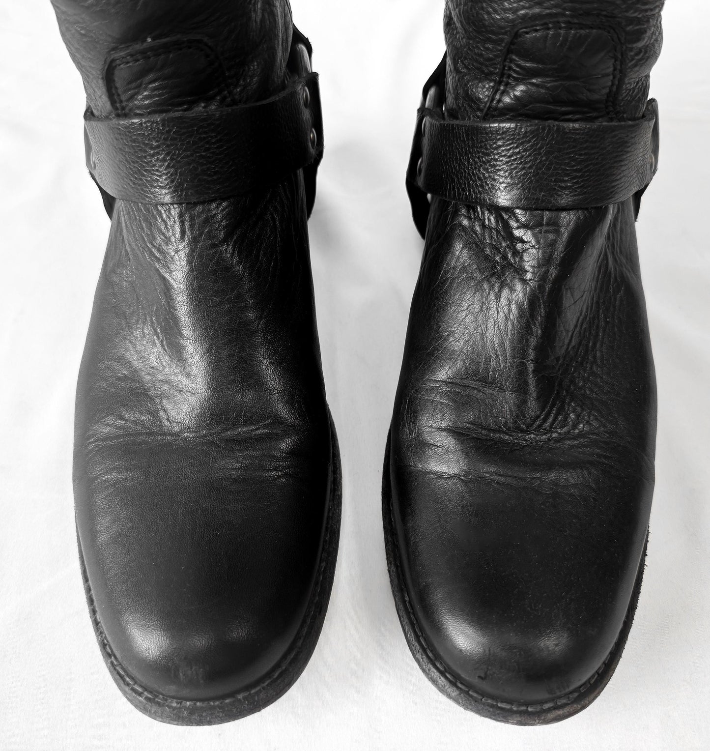 Vintage Frye Black Leather Harness Knee High Boots, Women's Sz. 9B
