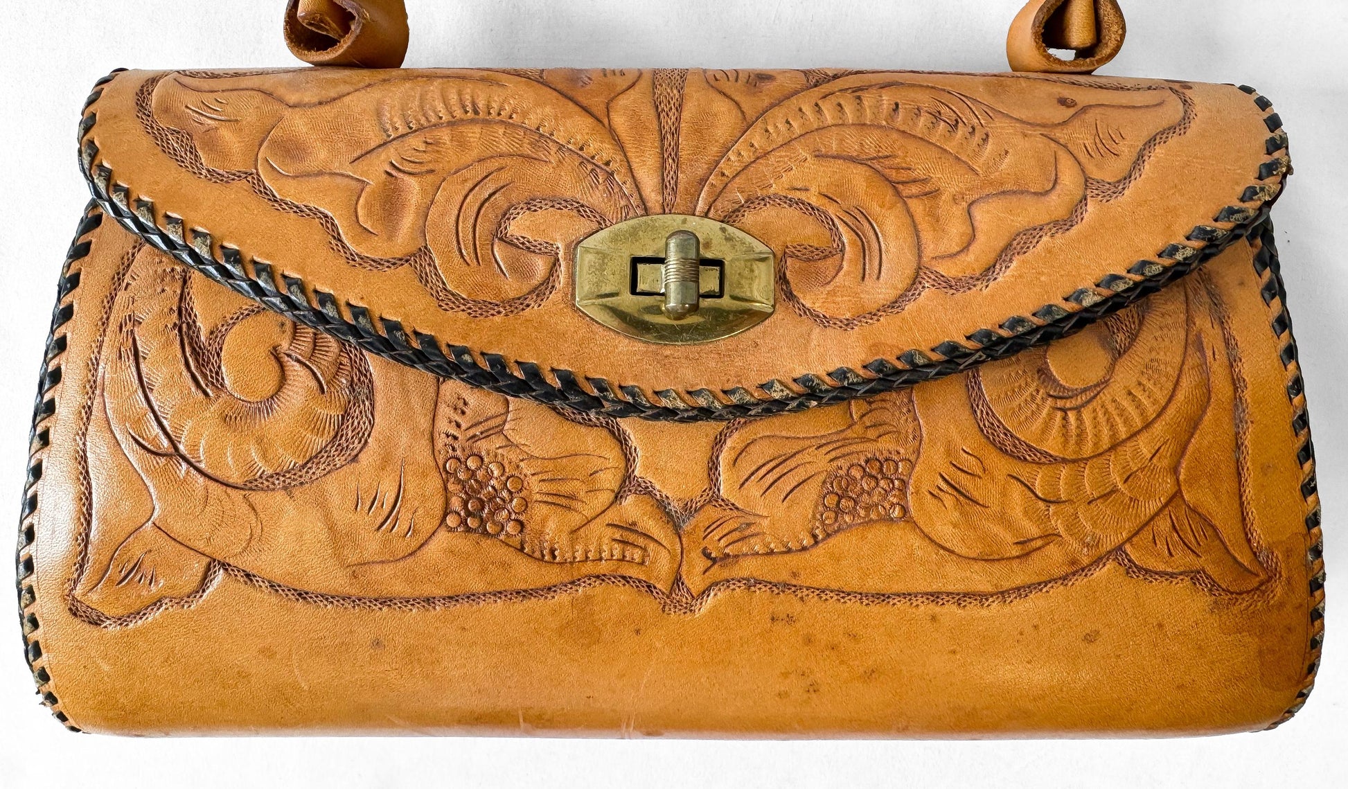 Vintage 70s Handcrafted Floral Tooled Leather Top Handle Handbag, Vintage Western Boho Purse