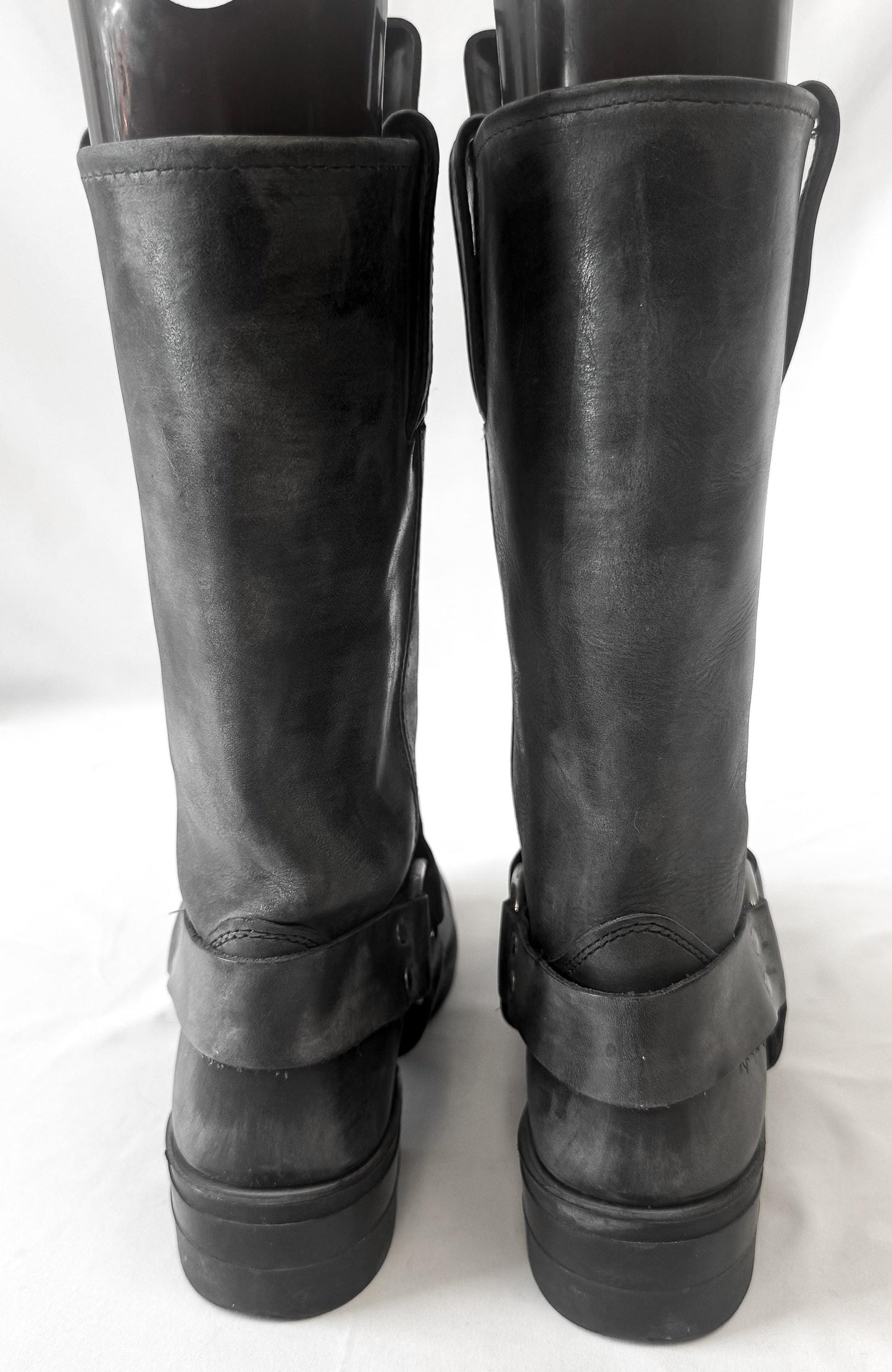 Vintage Style Frye 12R Dark Gray Harness Leather Boots, Women's Sz. 9M