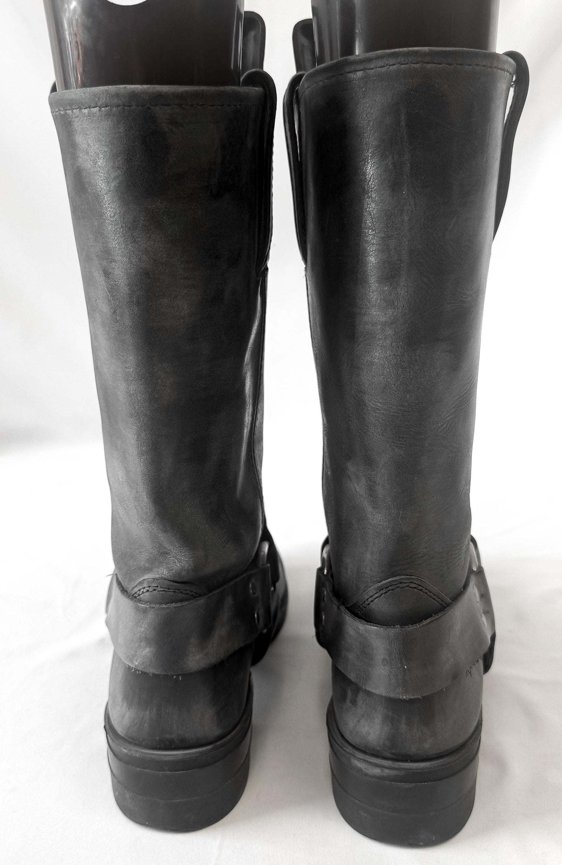 Vintage Style Frye 12R Dark Gray Harness Leather Boots, Women's Sz. 9M