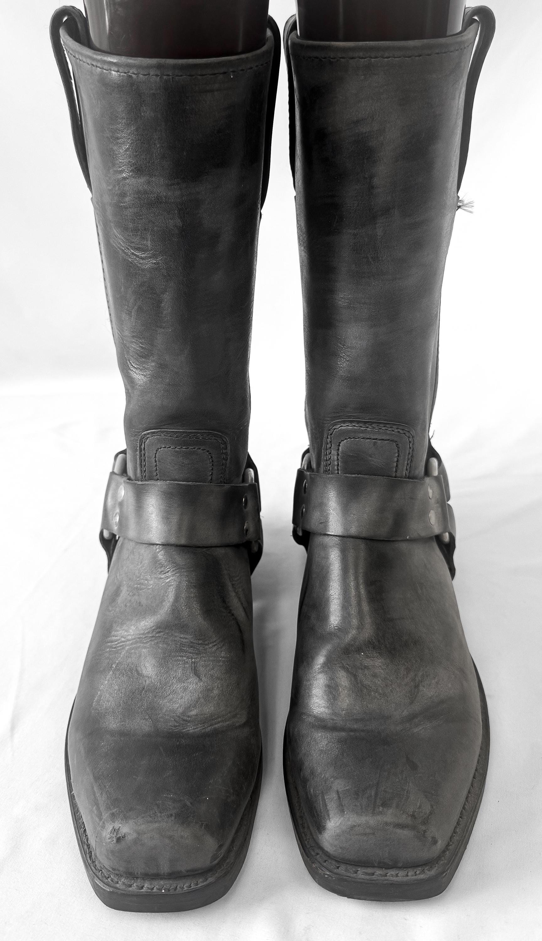 Vintage Style Frye 12R Dark Gray Harness Leather Boots, Women's Sz. 9M