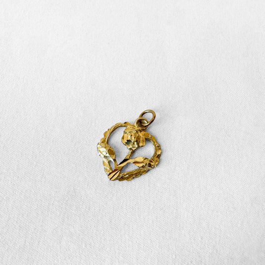 Vintage 10K Yellow Gold Diamond Cut Rose Heart Pendant
