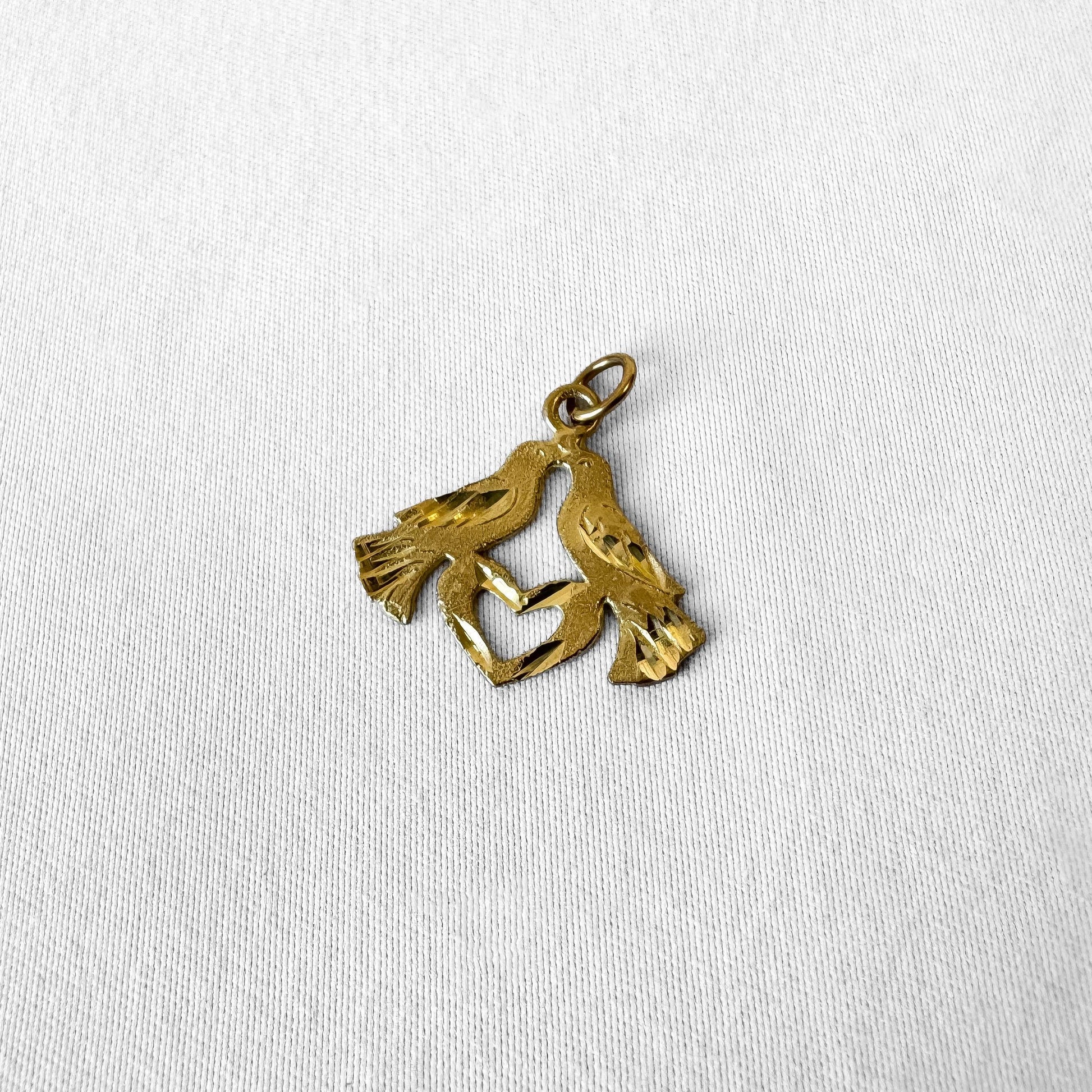Vintage 10K Yellow Gold Love Birds Heart Diamond Cut Pendant