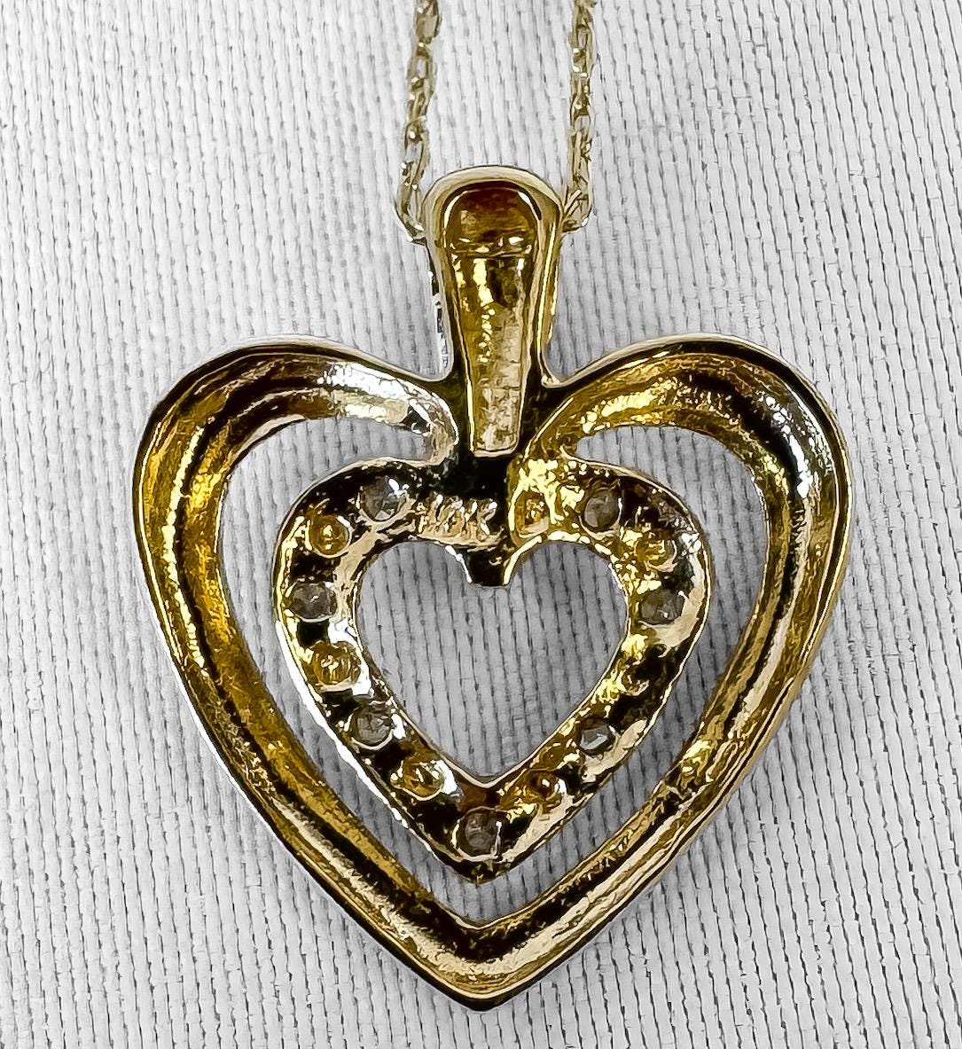 Vintage 10K Yellow Gold Diamond Accent Heart Necklace 18 Inches, Simple Dainty Everyday Minimalist Necklace