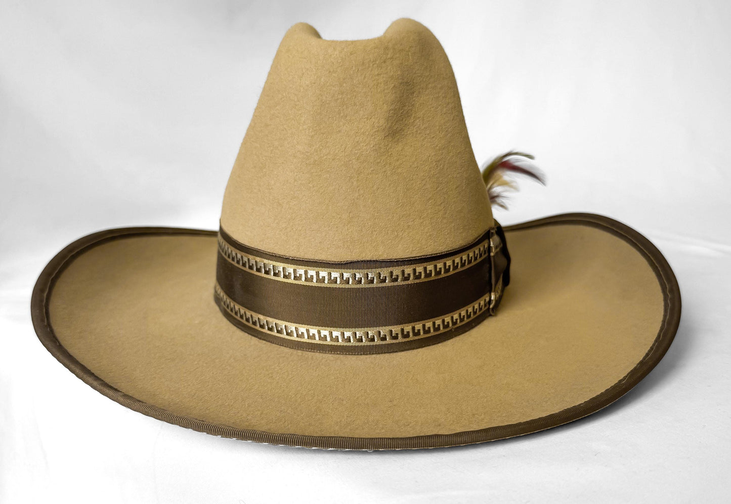 Vintage Miller Bros 3X Keystone Beige Tan Ribbon Feather Band Detail Cowboy Hat, Sz. 7 1/4, Unique Western Hat