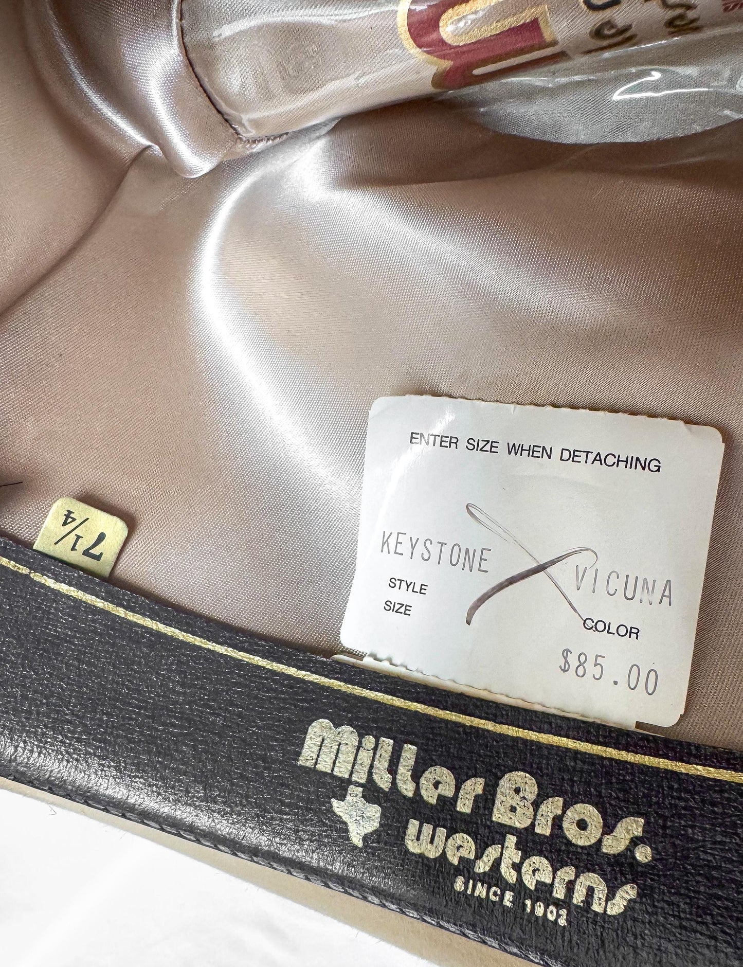 Vintage Miller Bros 3X Keystone Beige Tan Ribbon Feather Band Detail Cowboy Hat, Sz. 7 1/4, Unique Western Hat