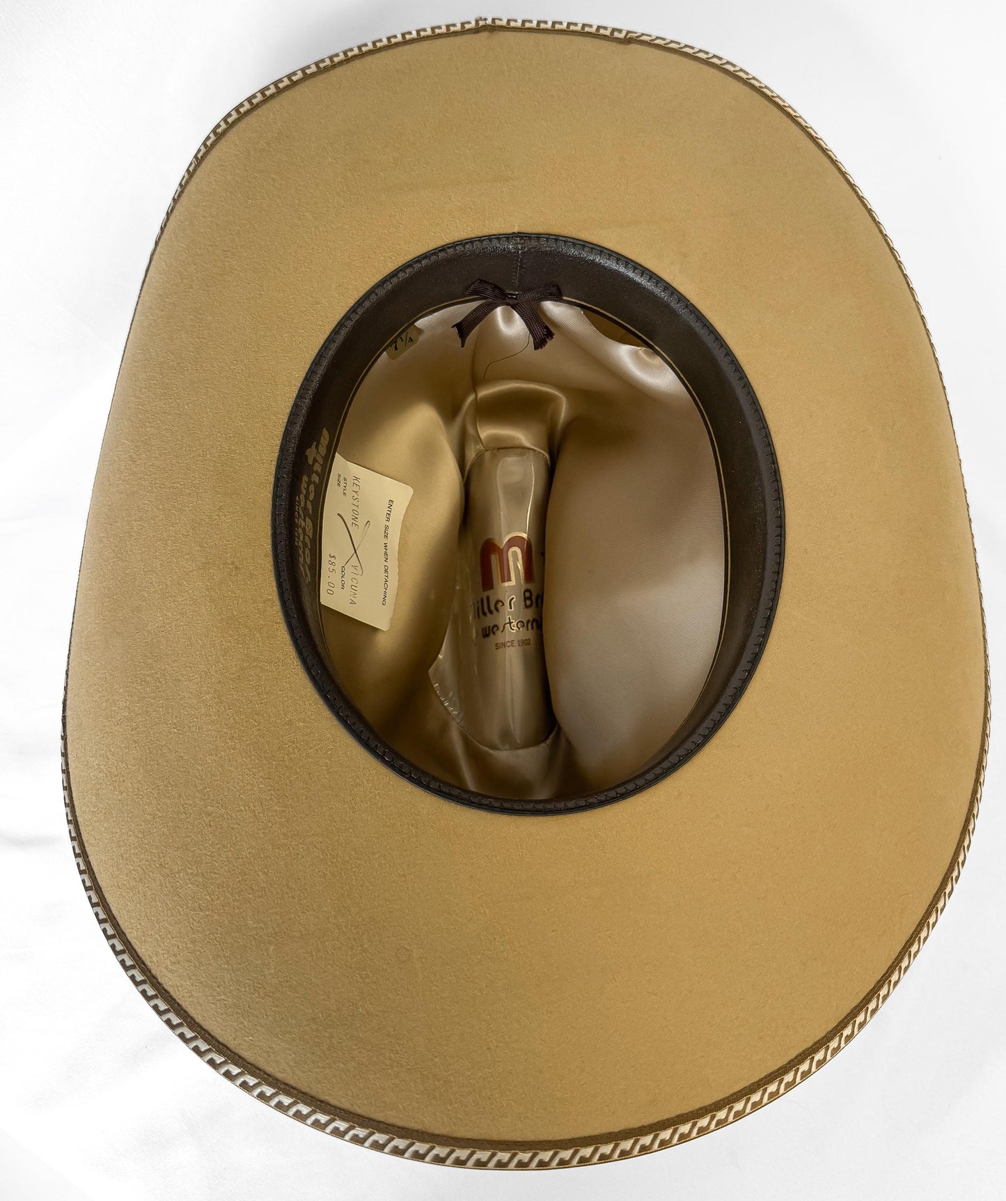Vintage Miller Bros 3X Keystone Beige Tan Ribbon Feather Band Detail Cowboy Hat, Sz. 7 1/4, Unique Western Hat