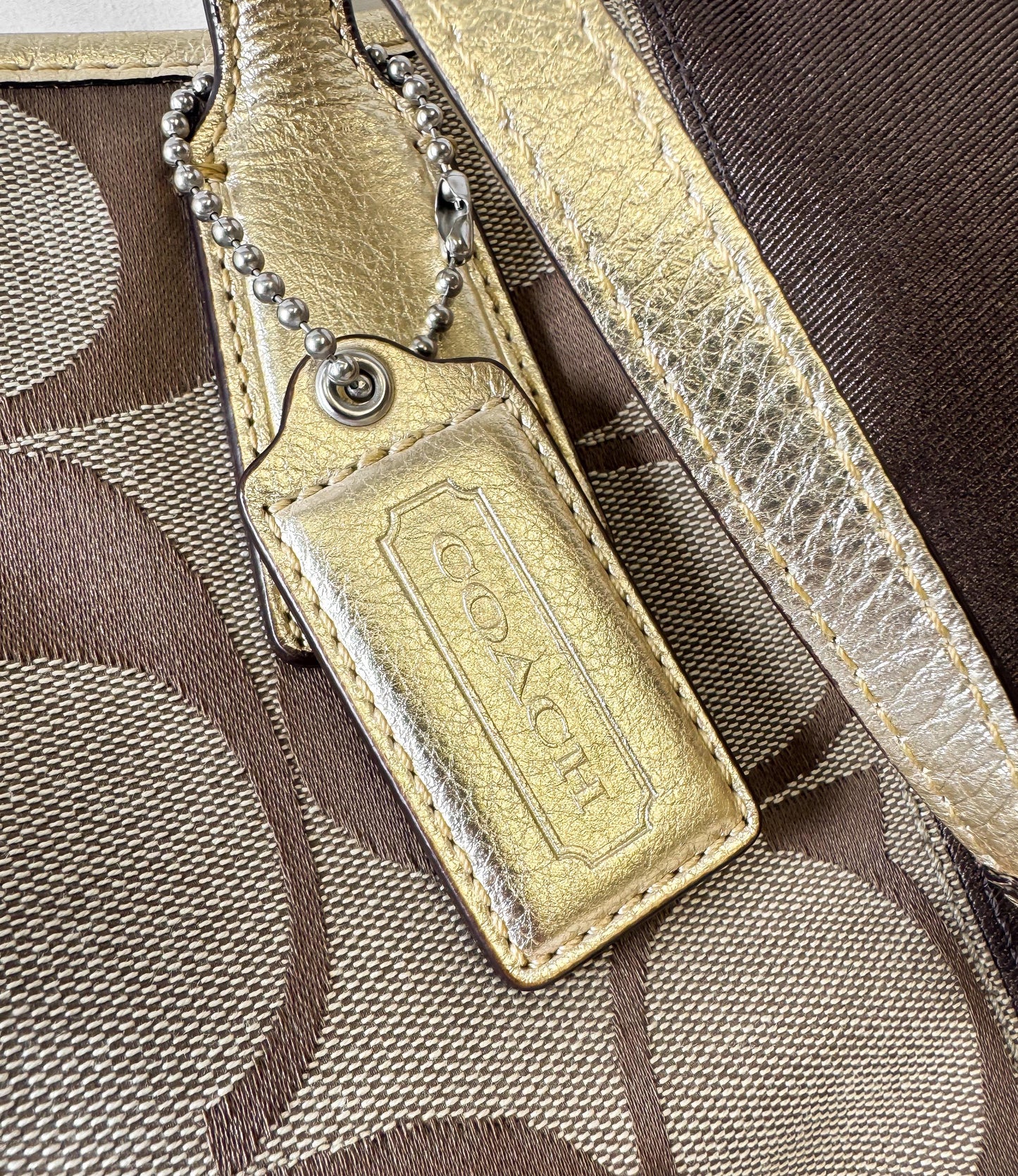 Y2K Coach Signature Kiss Lock Beige Brown Stripe Jacquard Metallic Gold Trim Shoulder Tote Bag, Style 13533