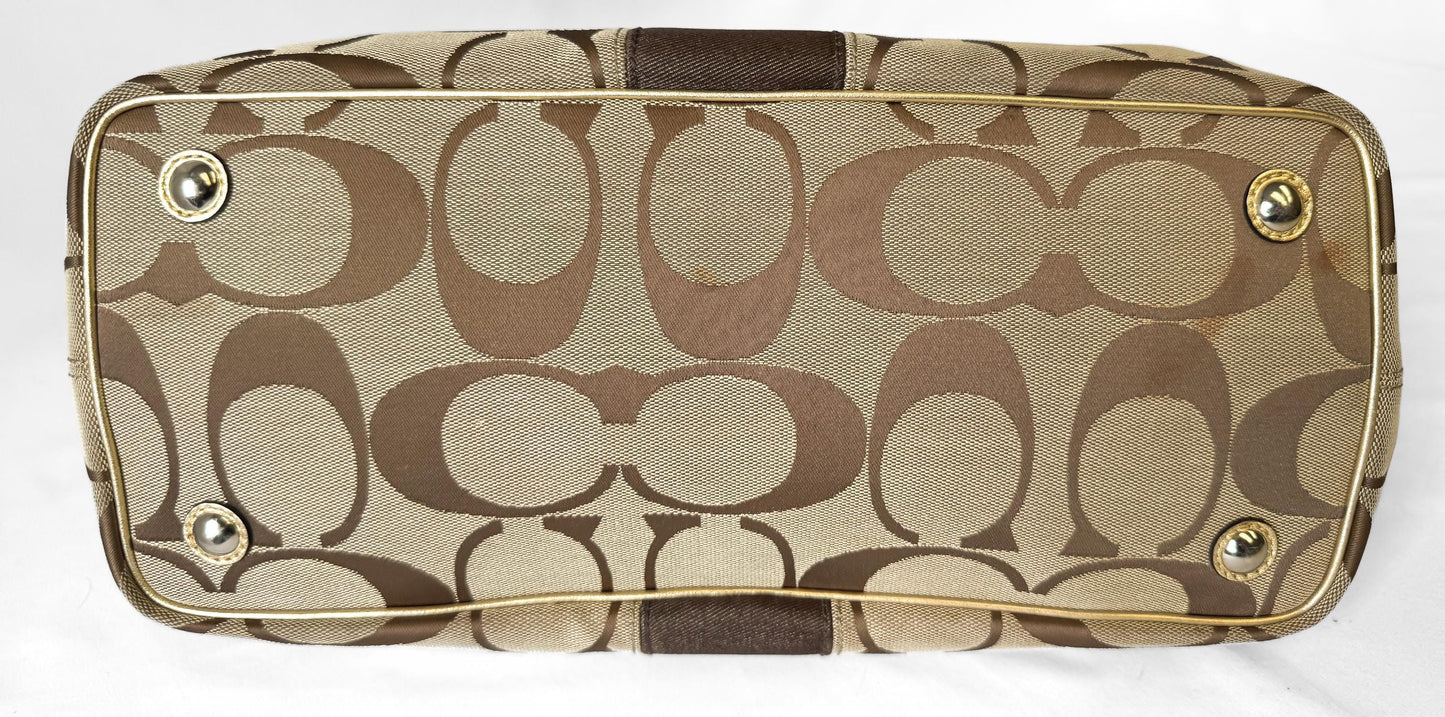 Y2K Coach Signature Kiss Lock Beige Brown Stripe Jacquard Metallic Gold Trim Shoulder Tote Bag, Style 13533
