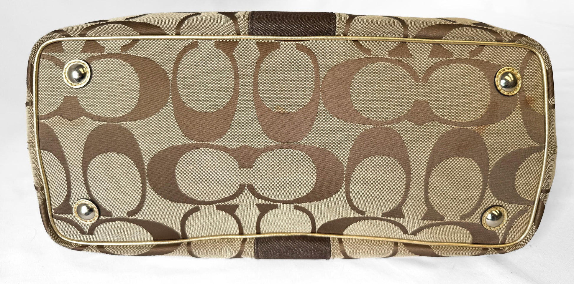 Y2K Coach Signature Kiss Lock Beige Brown Stripe Jacquard Metallic Gold Trim Shoulder Tote Bag, Style 13533