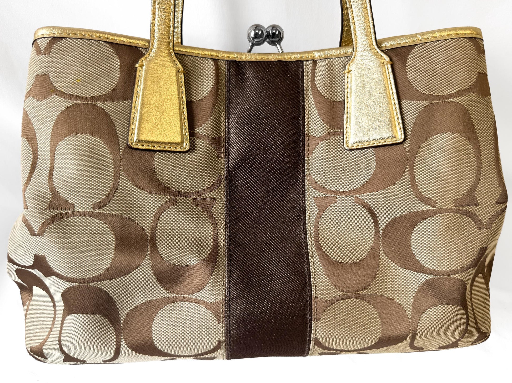 Y2K Coach Signature Kiss Lock Beige Brown Stripe Jacquard Metallic Gold Trim Shoulder Tote Bag, Style 13533