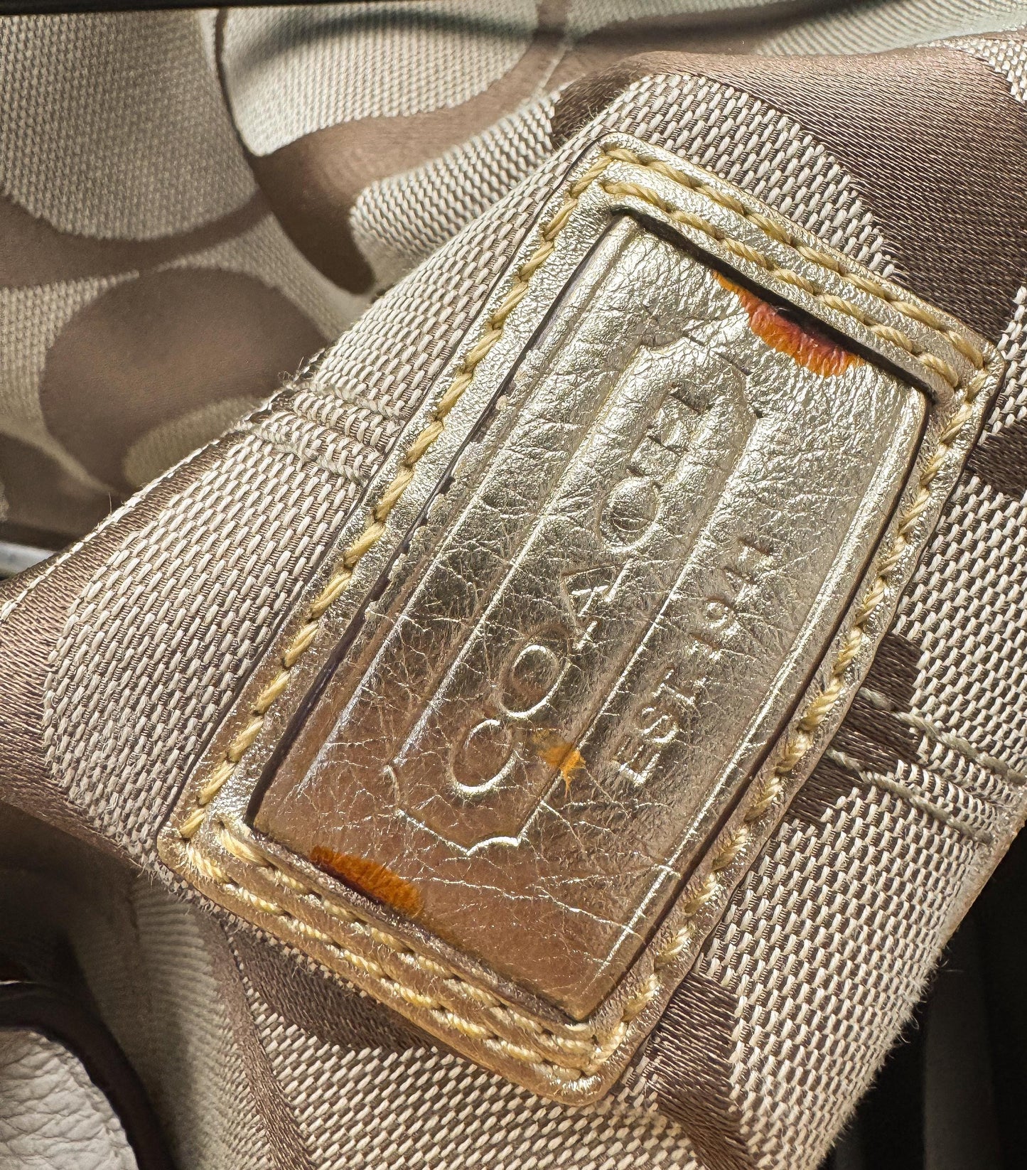 Y2K Coach Signature Kiss Lock Beige Brown Stripe Jacquard Metallic Gold Trim Shoulder Tote Bag, Style 13533