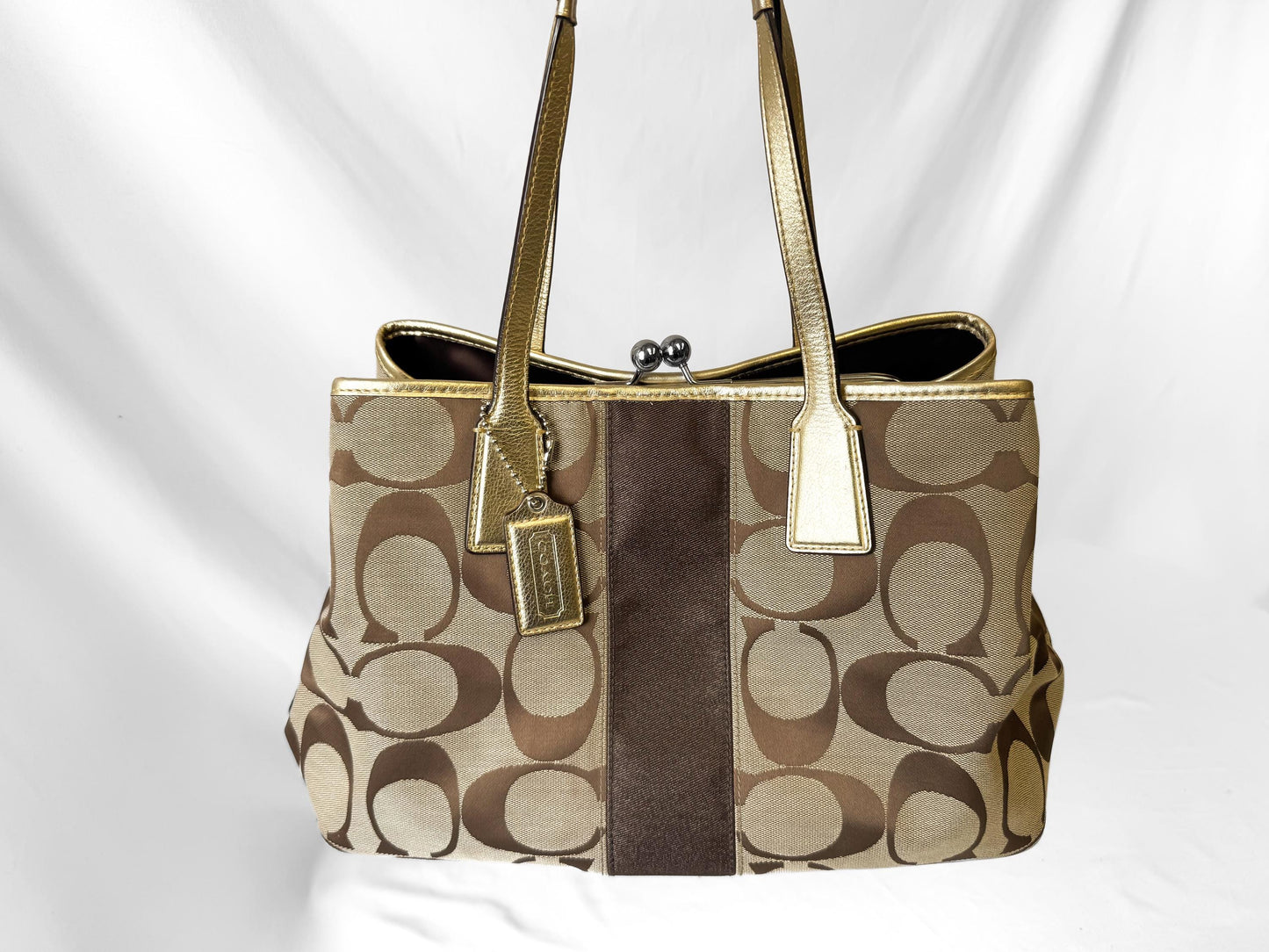 Y2K Coach Signature Kiss Lock Beige Brown Stripe Jacquard Metallic Gold Trim Shoulder Tote Bag, Style 13533