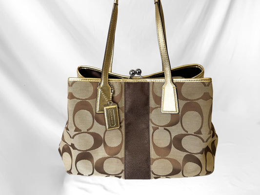 Y2K Coach Signature Kiss Lock Beige Brown Stripe Jacquard Metallic Gold Trim Shoulder Tote Bag, Style 13533