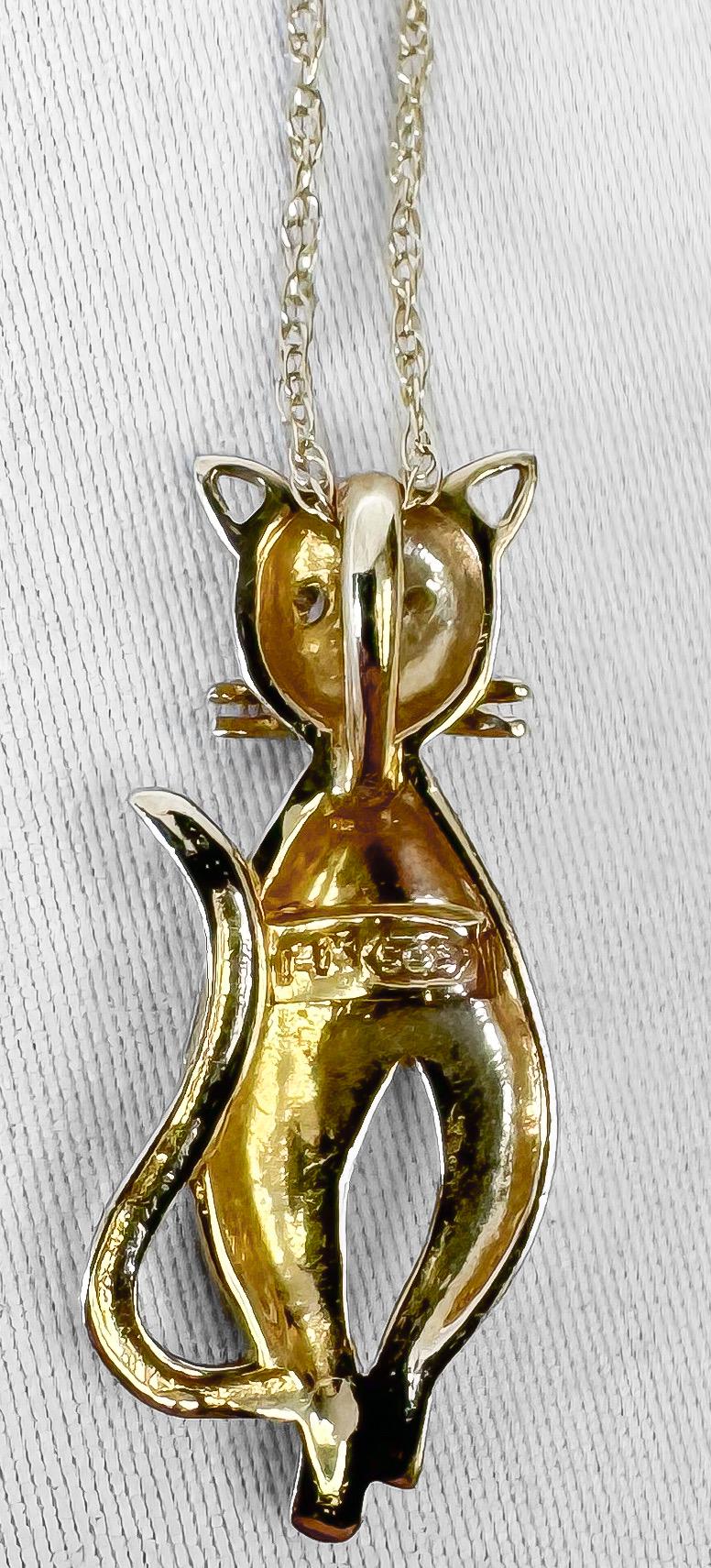 Vintage 14K Yellow Gold Diamond Accent Cat Pendant Necklace 16"